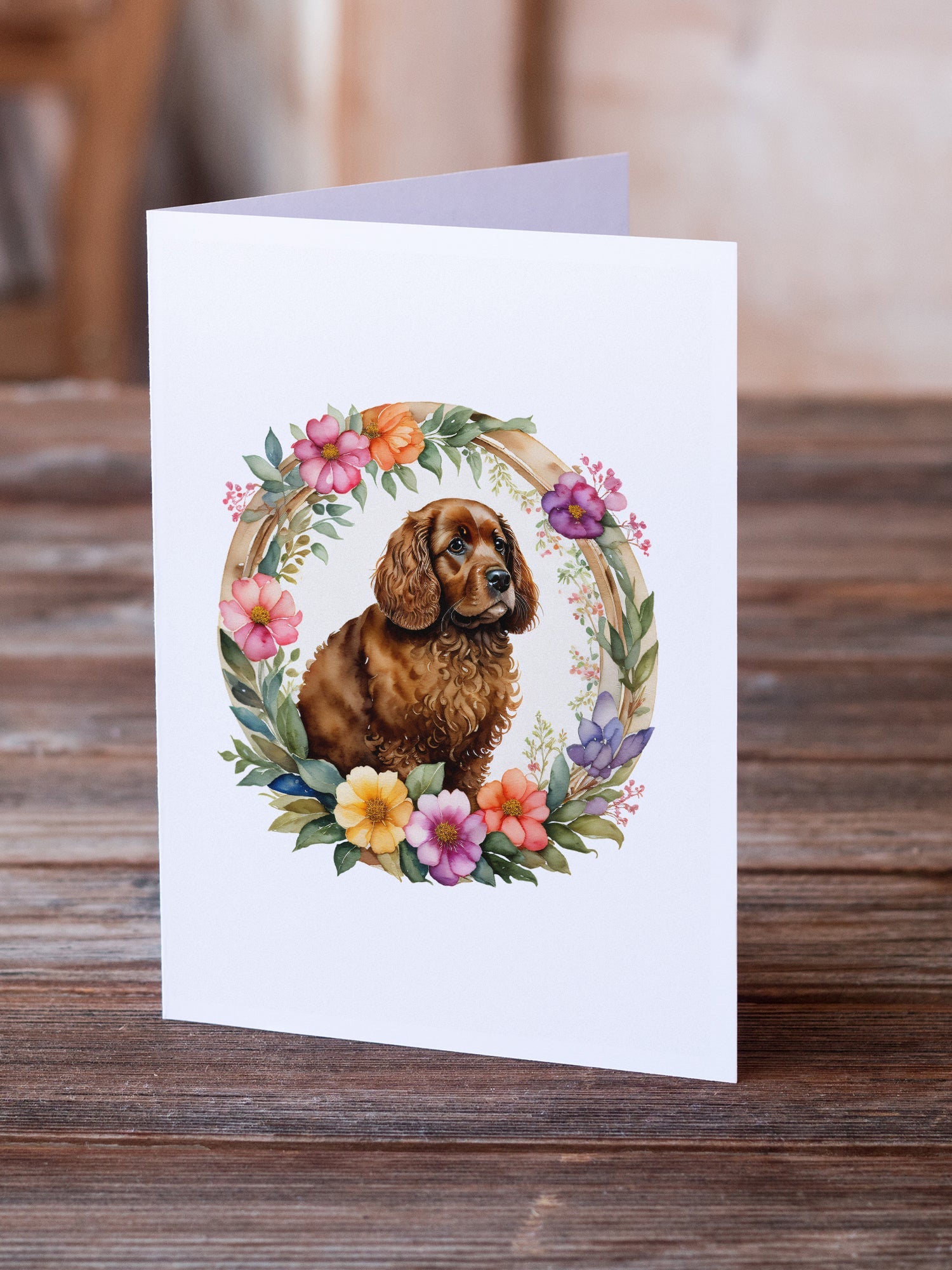 American Water Spaniel and Flowers Greeting Cards Pack of 8 Blank Cards with Envelopes Whimsical A7 Size 5x7