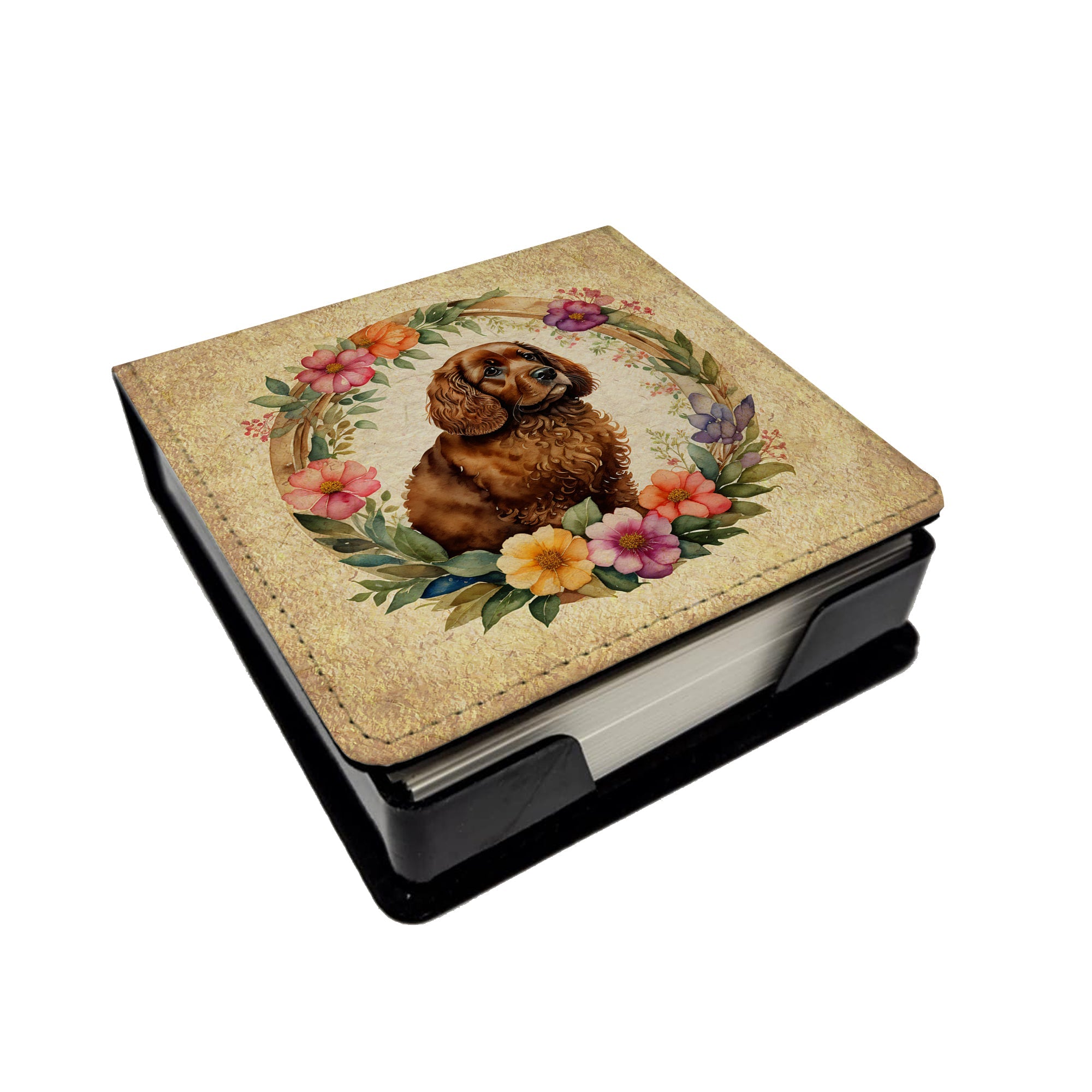 American Water Spaniel and Flowers PU Leather Note Paper Holder with Artist-Designed Cover, Desk Accessory, Office Gift