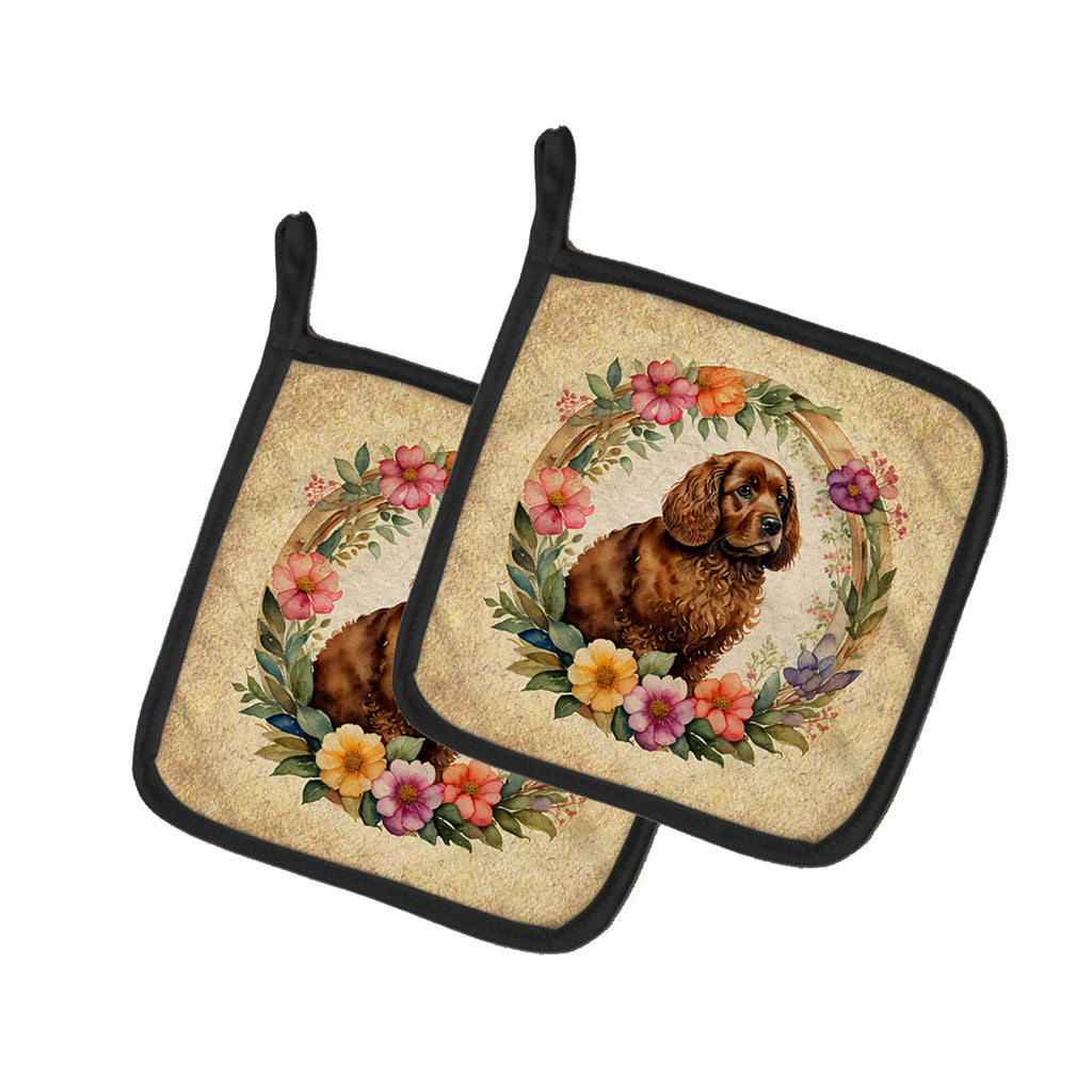 American Water Spaniel and Flowers Pot Holder Set of 2 Heat Resistant Quilted Hot Pads 7.5 x 7.5 Inch, Insulated Kitchen Trivets for Cooking & Baking