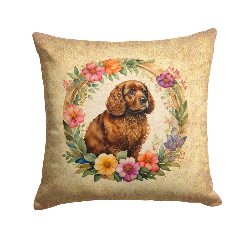 American Water Spaniel and Flowers Decorative Throw Pillow 14x14 Indoor Outdoor Accent Cushion, Fabric Cover with Insert for Sofa, Bed, Porch & Living Room