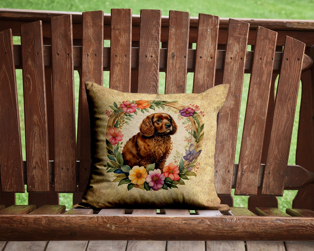 American Water Spaniel and Flowers Decorative Throw Pillow 14x14 Indoor Outdoor Accent Cushion, Fabric Cover with Insert for Sofa, Bed, Porch & Living Room