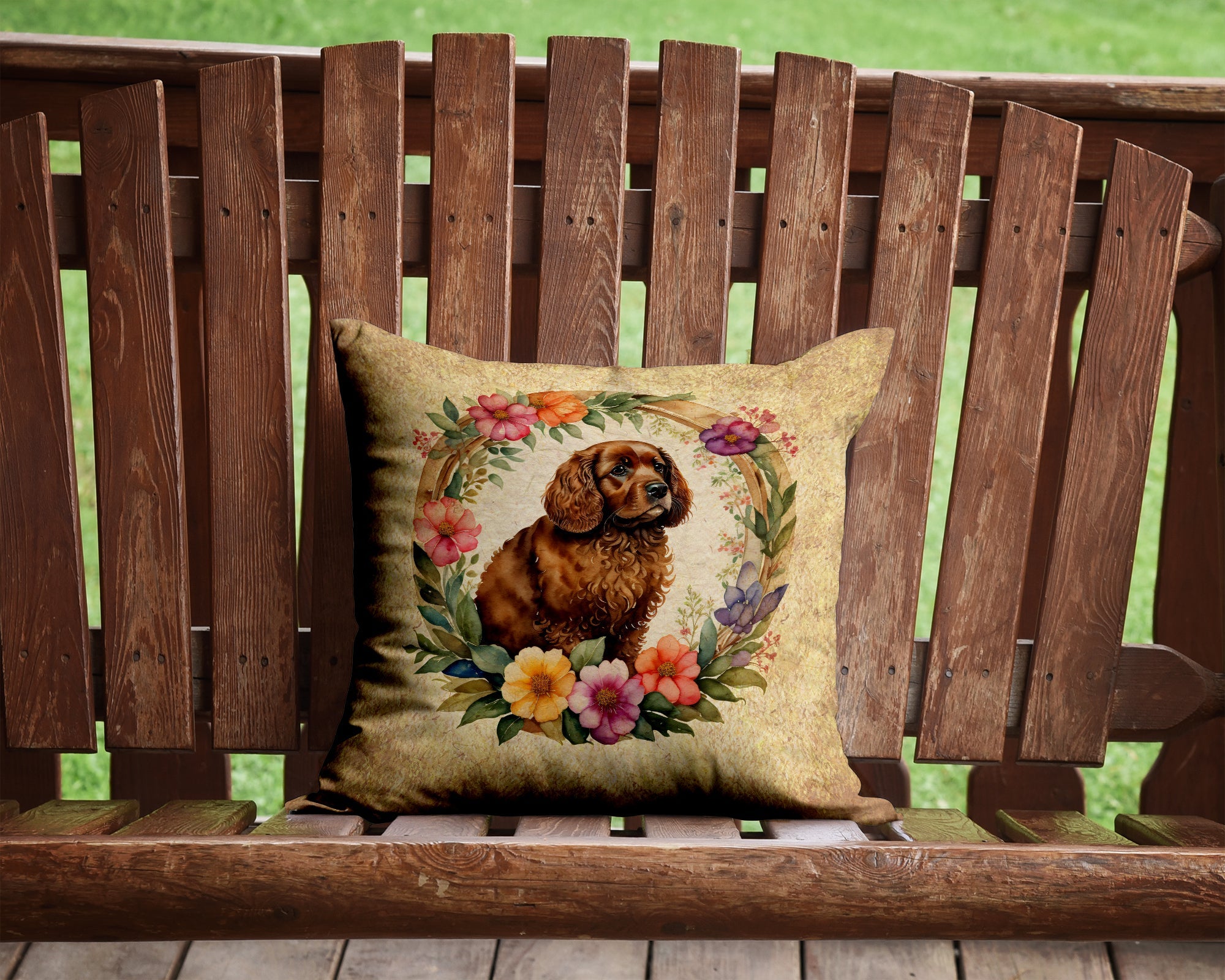American Water Spaniel and Flowers Decorative Throw Pillow 14x14 Indoor Outdoor Accent Cushion, Fabric Cover with Insert for Sofa, Bed, Porch & Living Room
