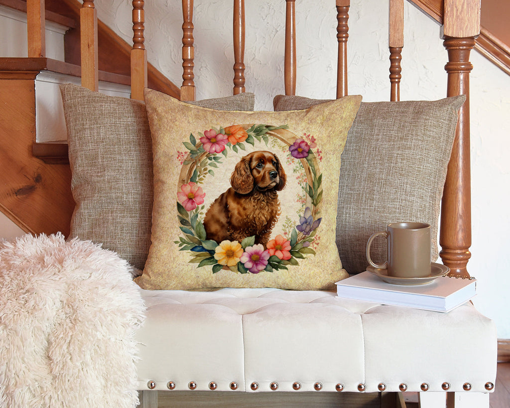 American Water Spaniel and Flowers Decorative Throw Pillow 14x14 Indoor Outdoor Accent Cushion, Fabric Cover with Insert for Sofa, Bed, Porch & Living Room