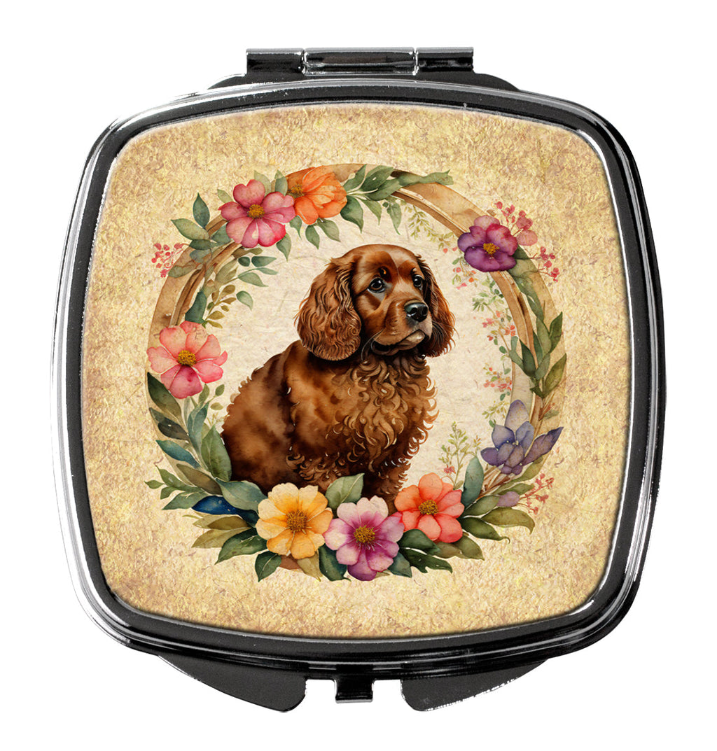 American Water Spaniel and Flowers Compact Mirror Decorative Travel Makeup Mirror for Women Girls Gifts Pocket Makeup Mirror Folding Handheld