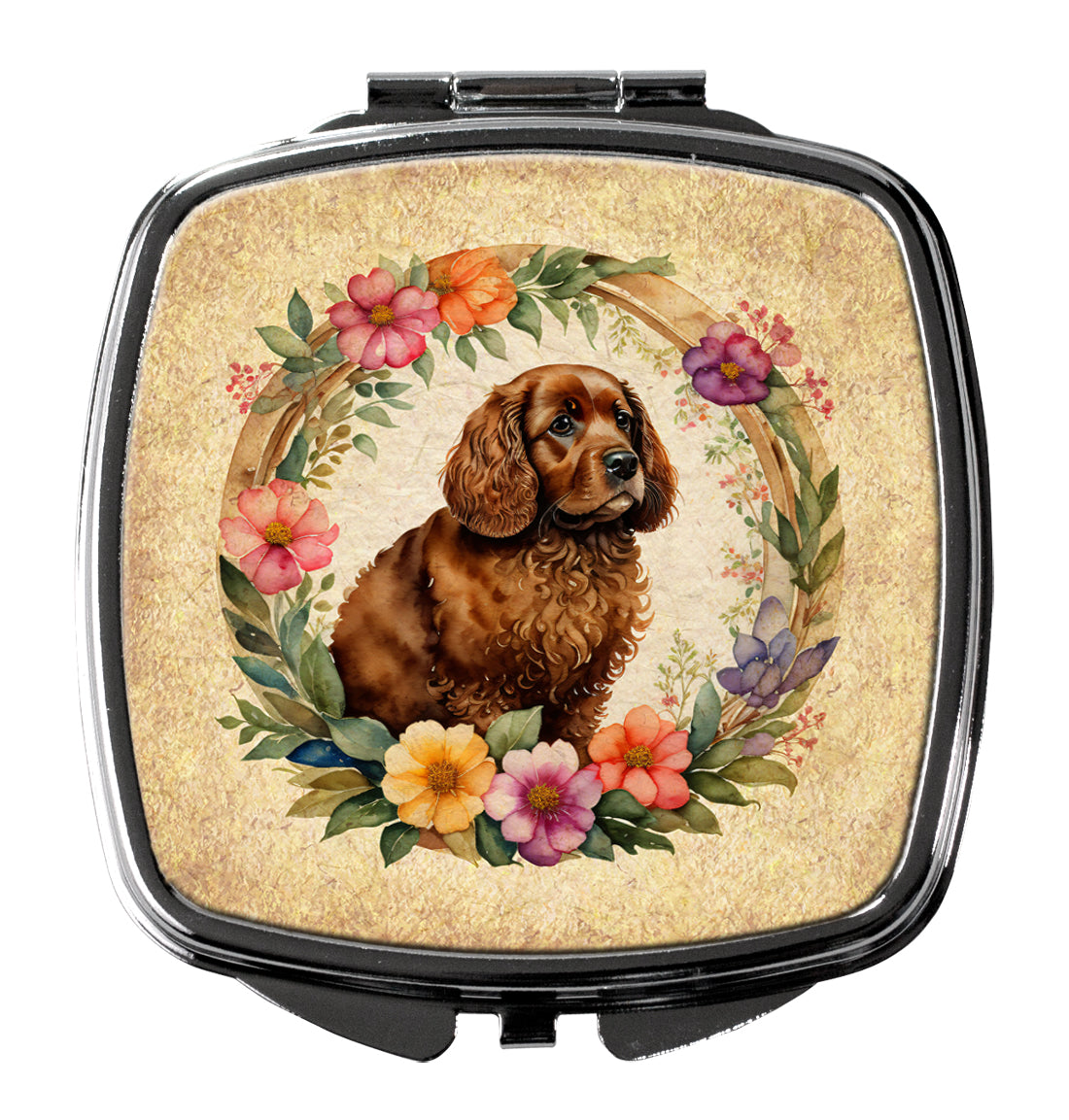 American Water Spaniel and Flowers Compact Mirror Decorative Travel Makeup Mirror for Women Girls Gifts Pocket Makeup Mirror Folding Handheld
