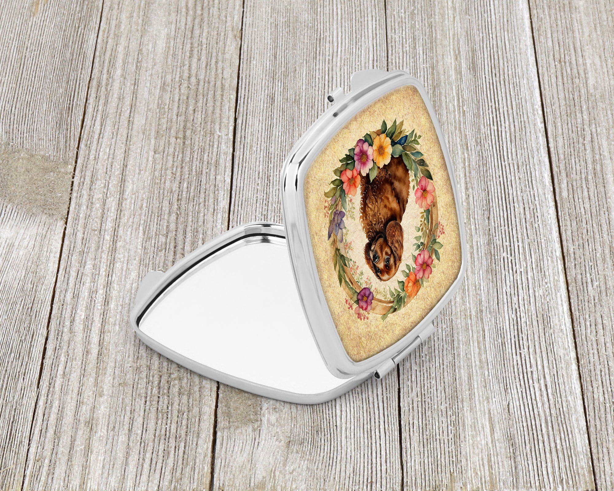 American Water Spaniel and Flowers Compact Mirror Decorative Travel Makeup Mirror for Women Girls Gifts Pocket Makeup Mirror Folding Handheld