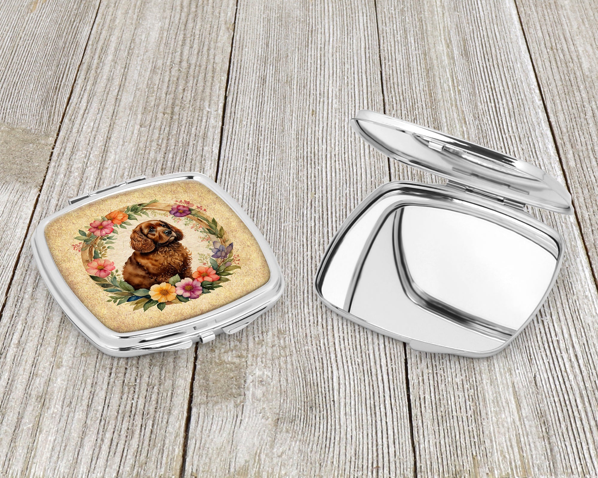 American Water Spaniel and Flowers Compact Mirror Decorative Travel Makeup Mirror for Women Girls Gifts Pocket Makeup Mirror Folding Handheld