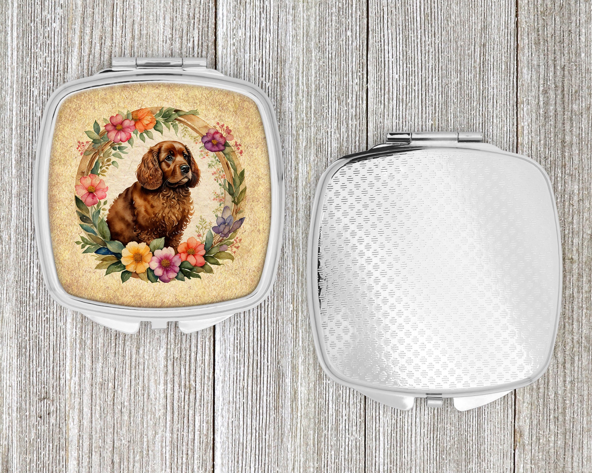 American Water Spaniel and Flowers Compact Mirror Decorative Travel Makeup Mirror for Women Girls Gifts Pocket Makeup Mirror Folding Handheld