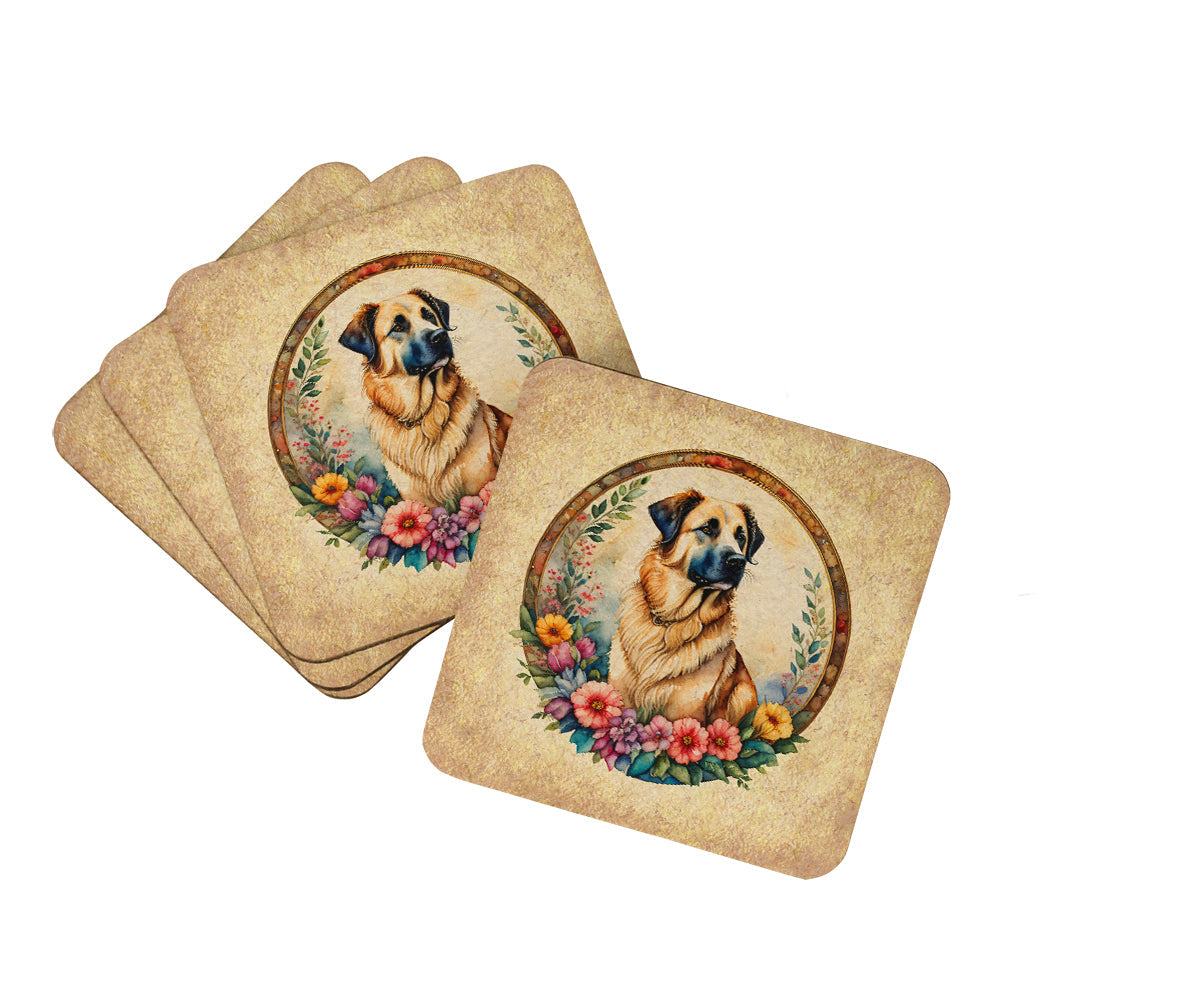 Anatolian Shepherd Dog and Flowers Foam Coasters Set of 4 Cup Coasters for Indoor Outdoor, Tabletop Protection, Anti Slip, Mouse pad Material