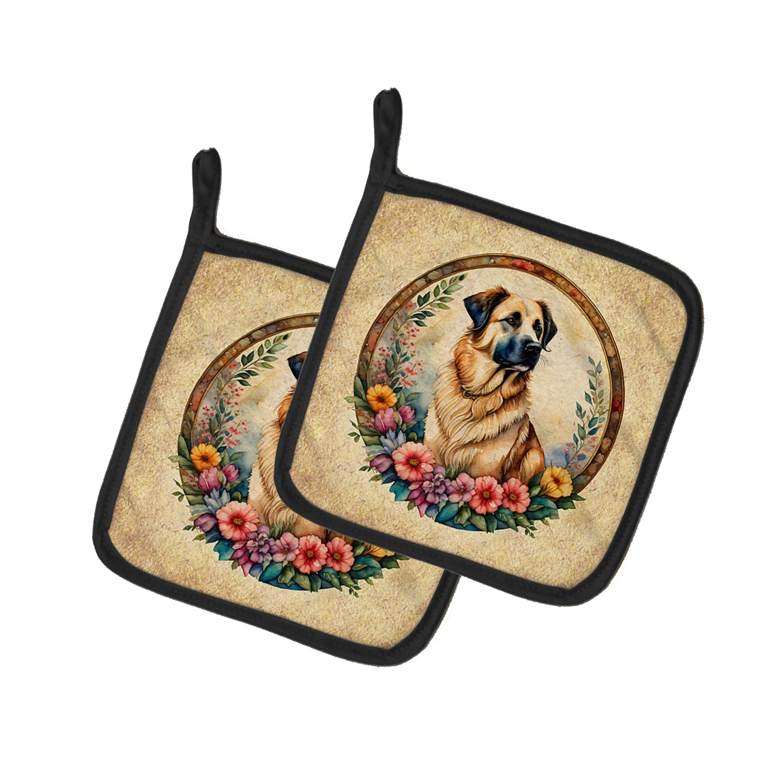 Anatolian Shepherd Dog and Flowers Pot Holder Set of 2 Heat Resistant Quilted Hot Pads 7.5 x 7.5 Inch, Insulated Kitchen Trivets for Cooking & Baking