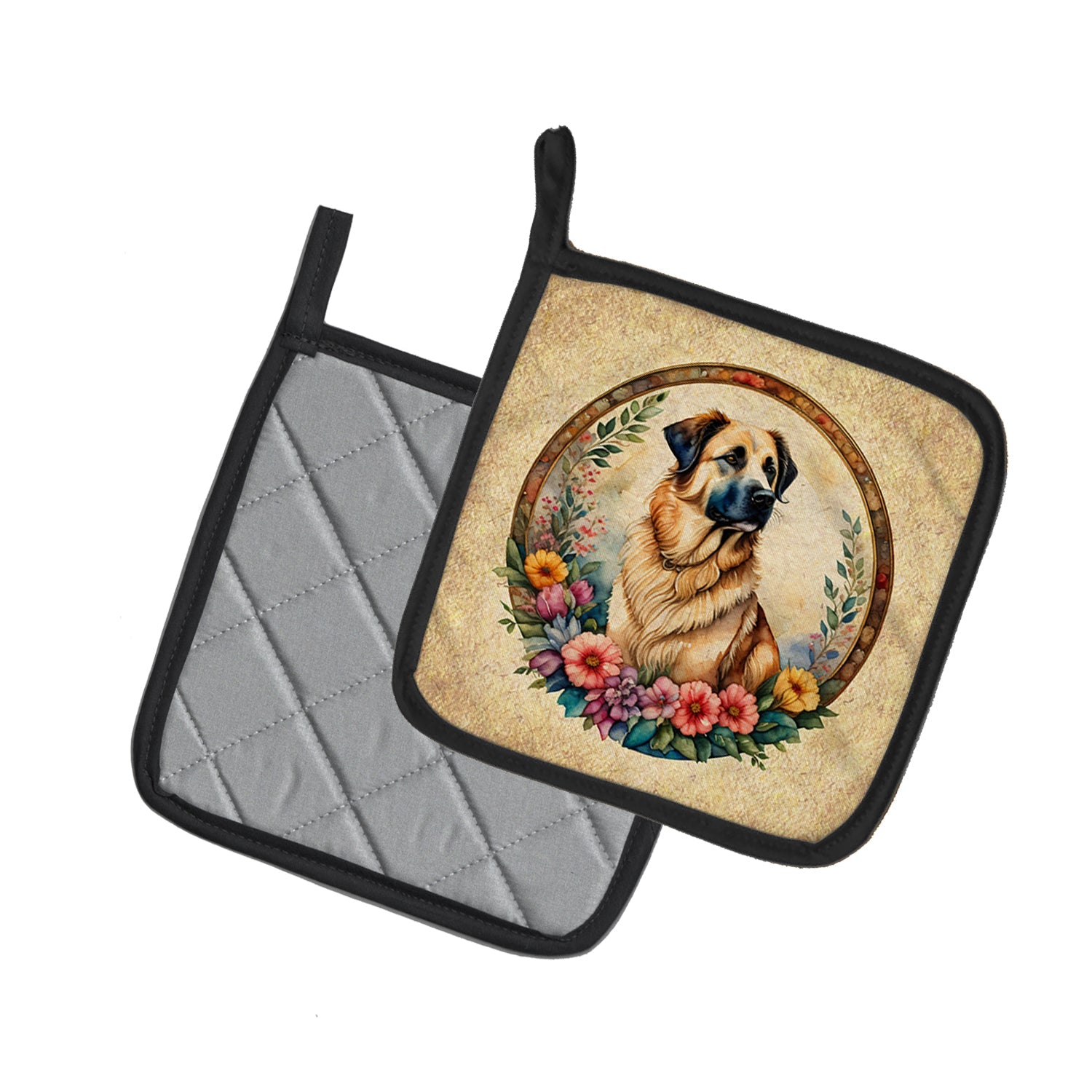 Anatolian Shepherd Dog and Flowers Pot Holder Set of 2 Heat Resistant Quilted Hot Pads 7.5 x 7.5 Inch, Insulated Kitchen Trivets for Cooking & Baking