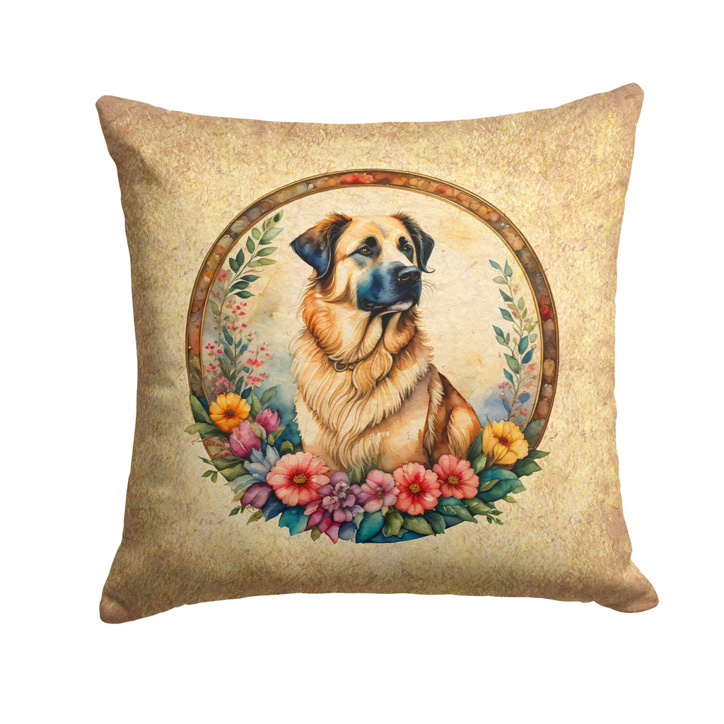 Anatolian Shepherd Dog and Flowers Decorative Throw Pillow 14x14 Indoor Outdoor Accent Cushion, Fabric Cover with Insert for Sofa, Bed, Porch & Living Room