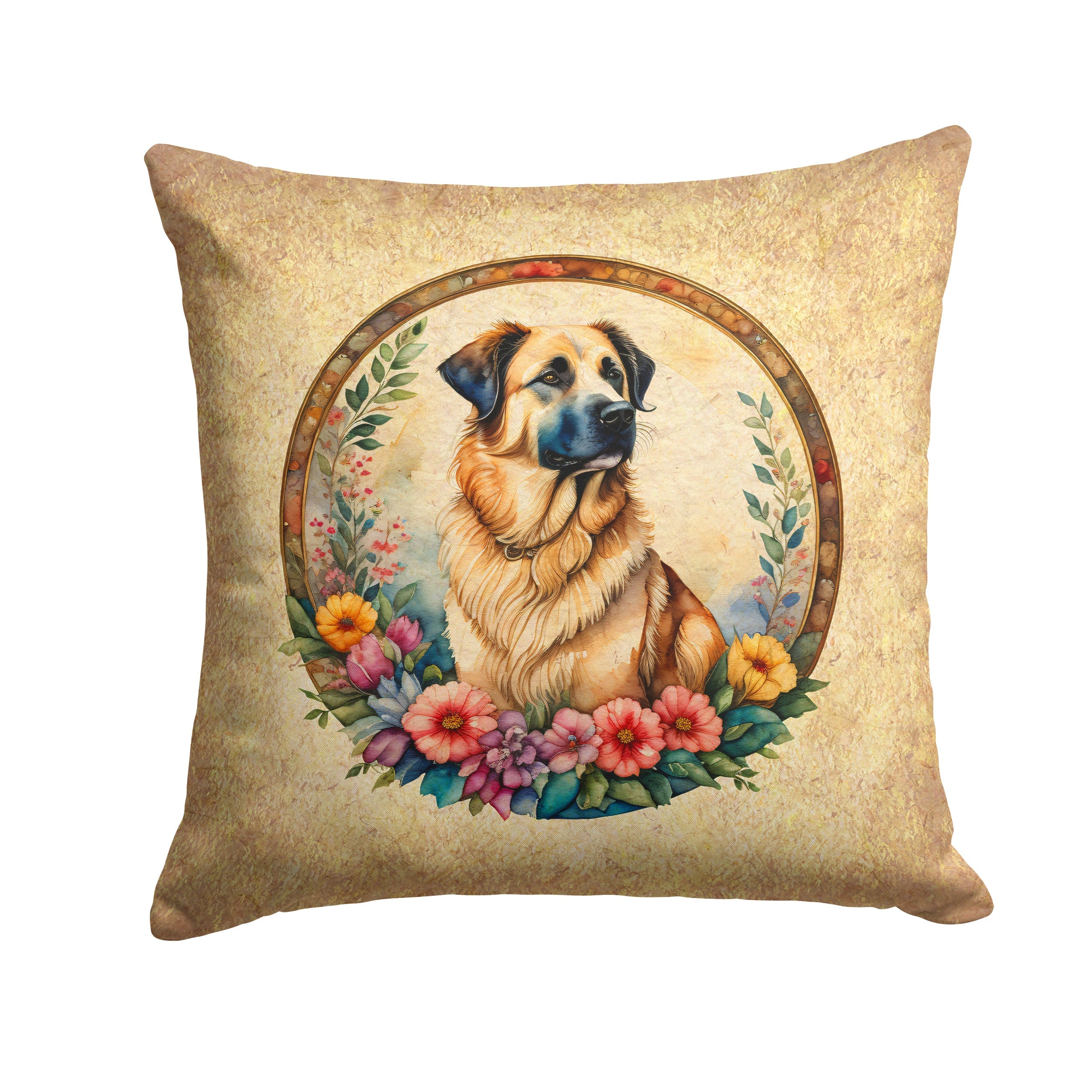 Anatolian Shepherd Dog and Flowers Decorative Throw Pillow 14x14 Indoor Outdoor Accent Cushion, Fabric Cover with Insert for Sofa, Bed, Porch & Living Room