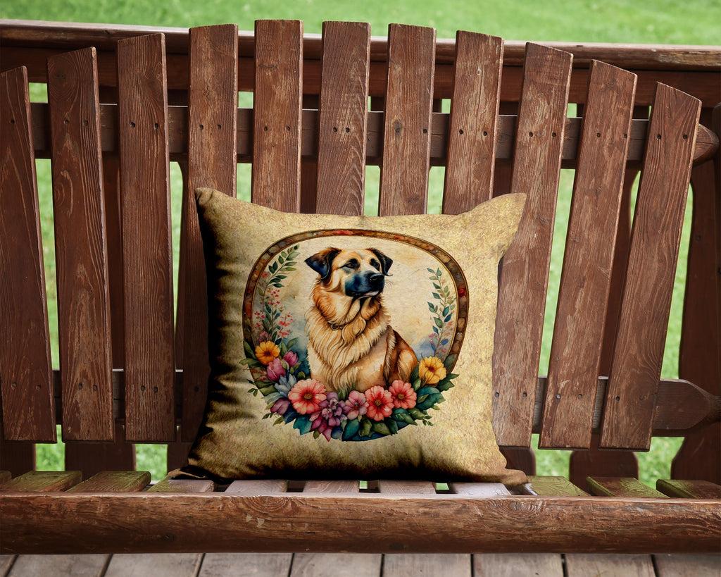 Anatolian Shepherd Dog and Flowers Decorative Throw Pillow 14x14 Indoor Outdoor Accent Cushion, Fabric Cover with Insert for Sofa, Bed, Porch & Living Room