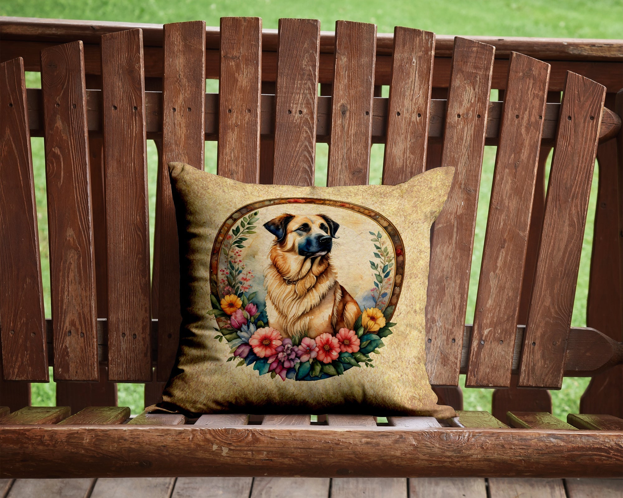 Anatolian Shepherd Dog and Flowers Decorative Throw Pillow 14x14 Indoor Outdoor Accent Cushion, Fabric Cover with Insert for Sofa, Bed, Porch & Living Room