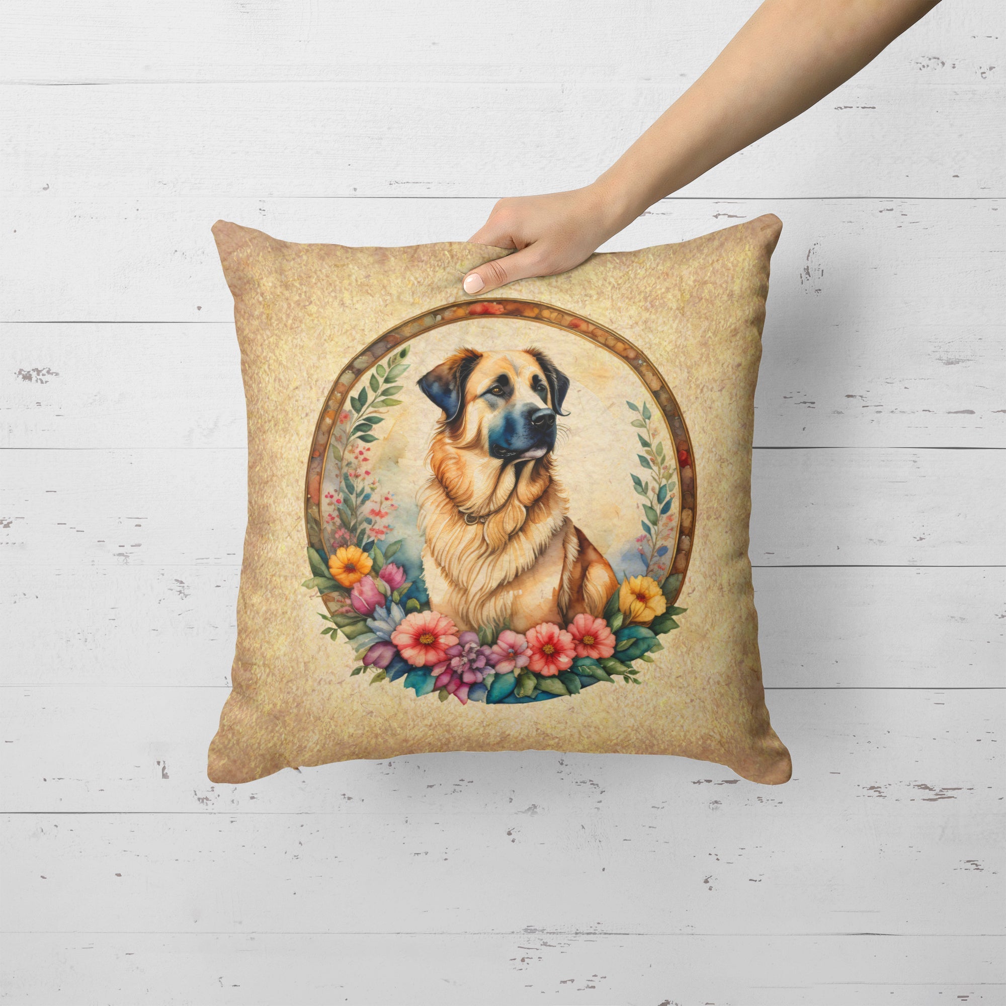 Anatolian Shepherd Dog and Flowers Decorative Throw Pillow 18x18 Indoor Outdoor Accent Cushion, Fabric Cover with Insert for Sofa, Bed, Porch & Living Room