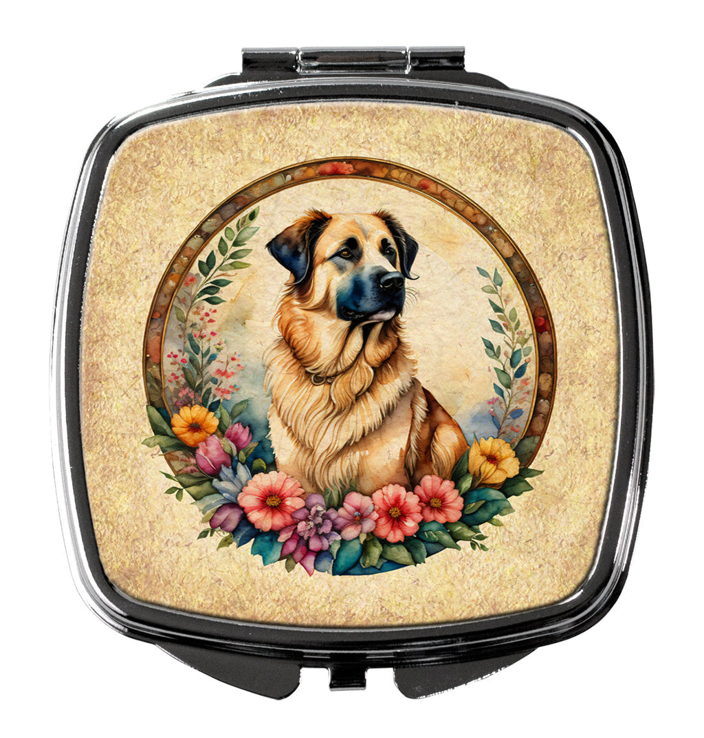 Anatolian Shepherd Dog and Flowers Compact Mirror Decorative Travel Makeup Mirror for Women Girls Gifts Pocket Makeup Mirror Folding Handheld
