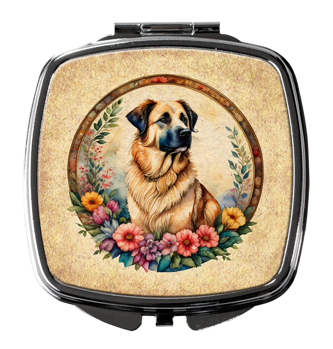 Anatolian Shepherd Dog and Flowers Compact Mirror Decorative Travel Makeup Mirror for Women Girls Gifts Pocket Makeup Mirror Folding Handheld