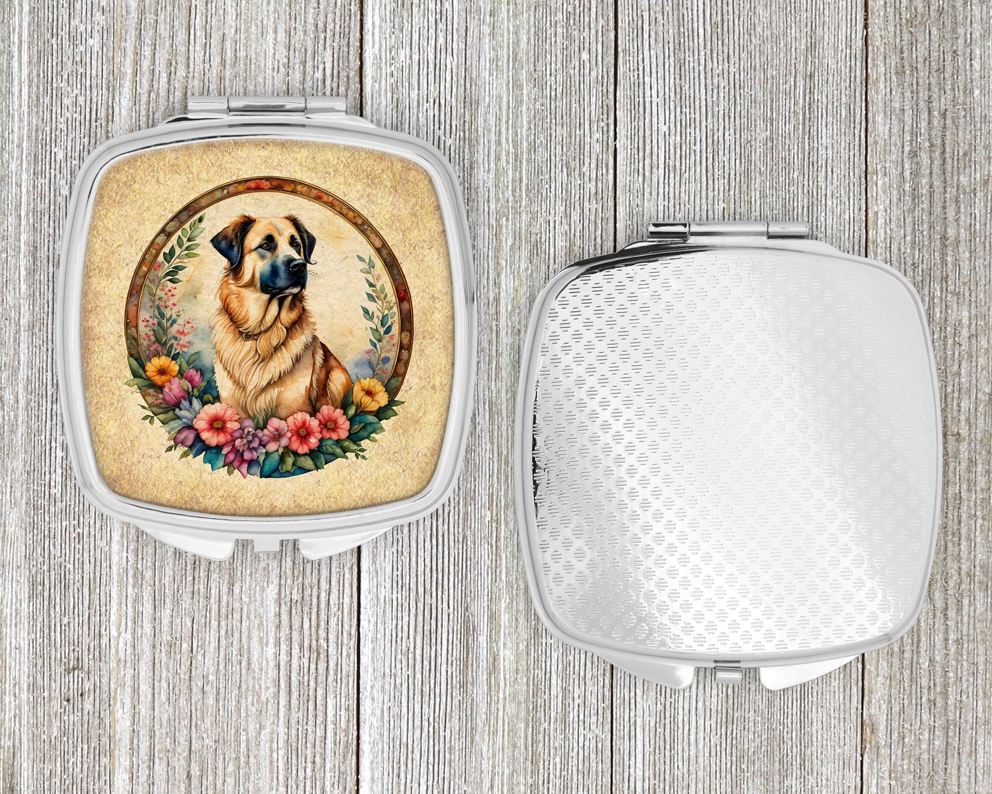 Anatolian Shepherd Dog and Flowers Compact Mirror Decorative Travel Makeup Mirror for Women Girls Gifts Pocket Makeup Mirror Folding Handheld