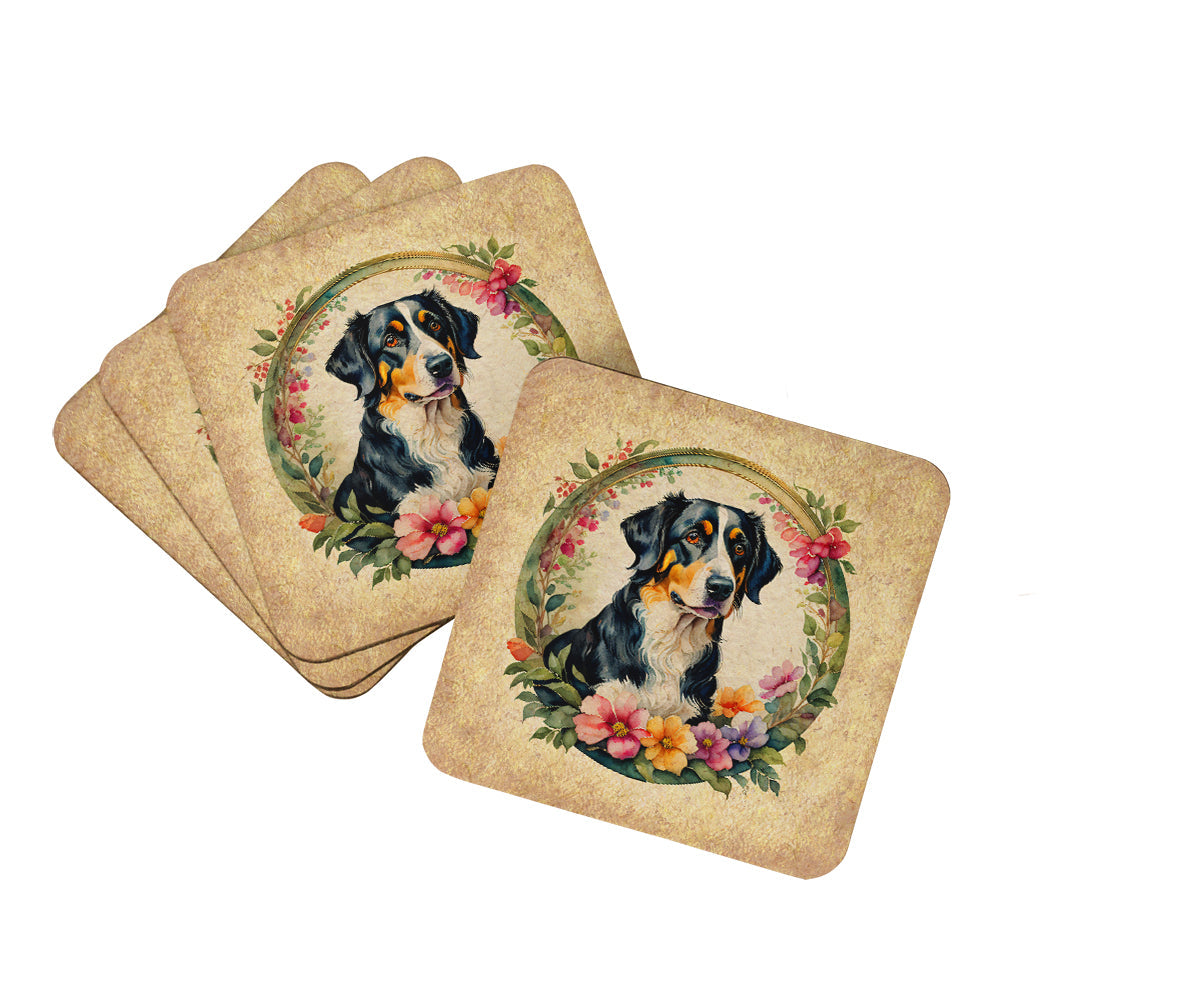 Appenzeller Sennenhund and Flowers Foam Coasters Set of 4 Cup Coasters for Indoor Outdoor, Tabletop Protection, Anti Slip, Mouse pad Material