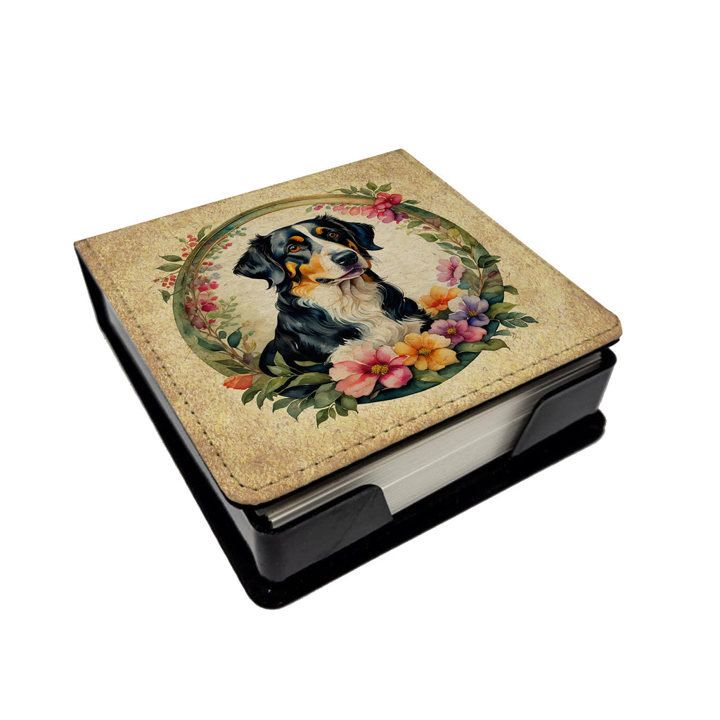 Appenzeller Sennenhund and Flowers PU Leather Note Paper Holder with Artist-Designed Cover, Desk Accessory, Office Gift