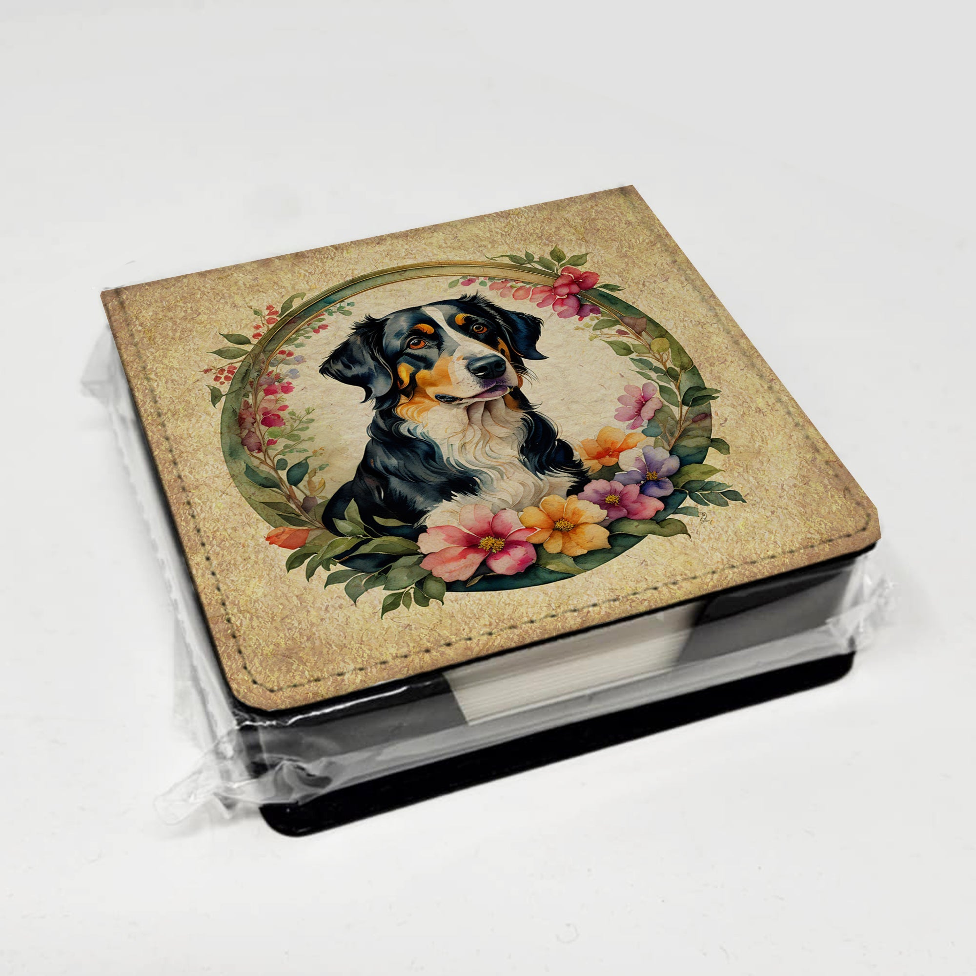 Appenzeller Sennenhund and Flowers PU Leather Note Paper Holder with Artist-Designed Cover, Desk Accessory, Office Gift