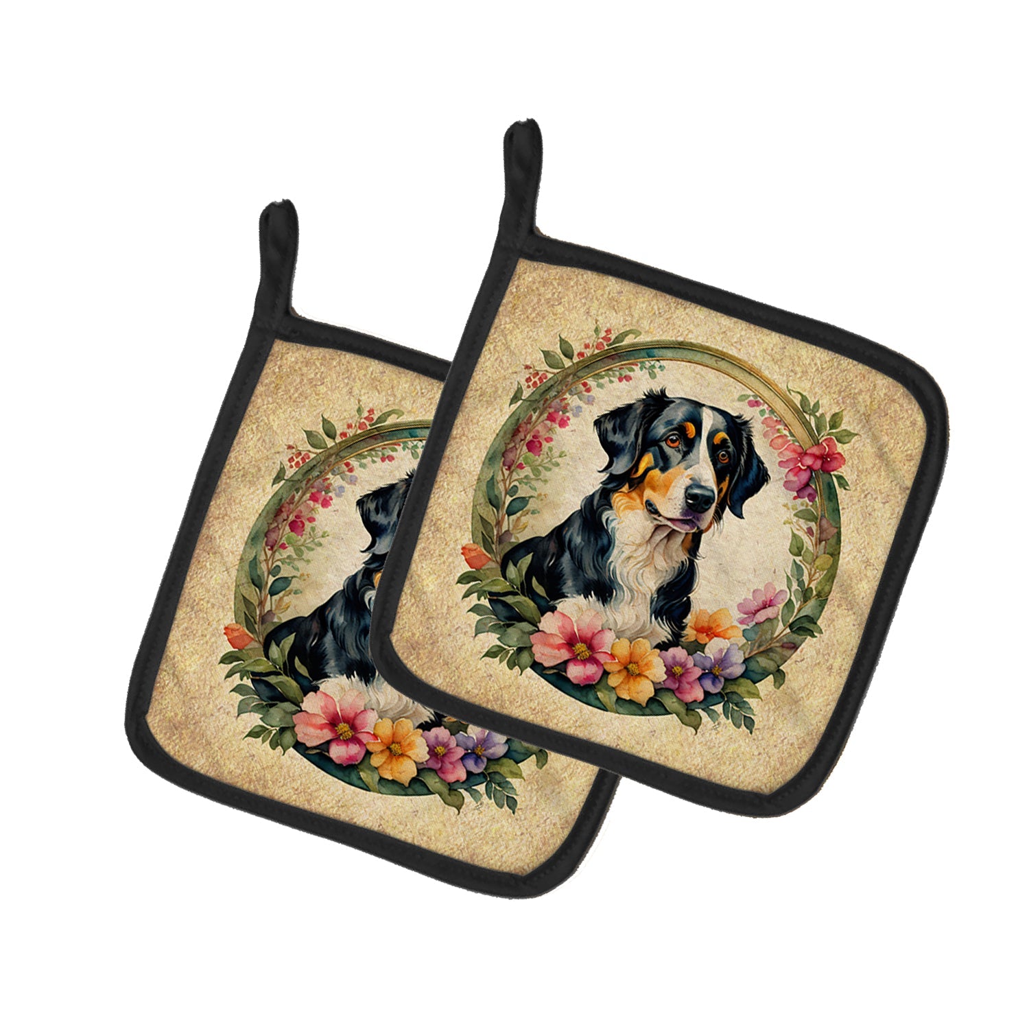 Appenzeller Sennenhund and Flowers Pot Holder Set of 2 Heat Resistant Quilted Hot Pads 7.5 x 7.5 Inch, Insulated Kitchen Trivets for Cooking & Baking