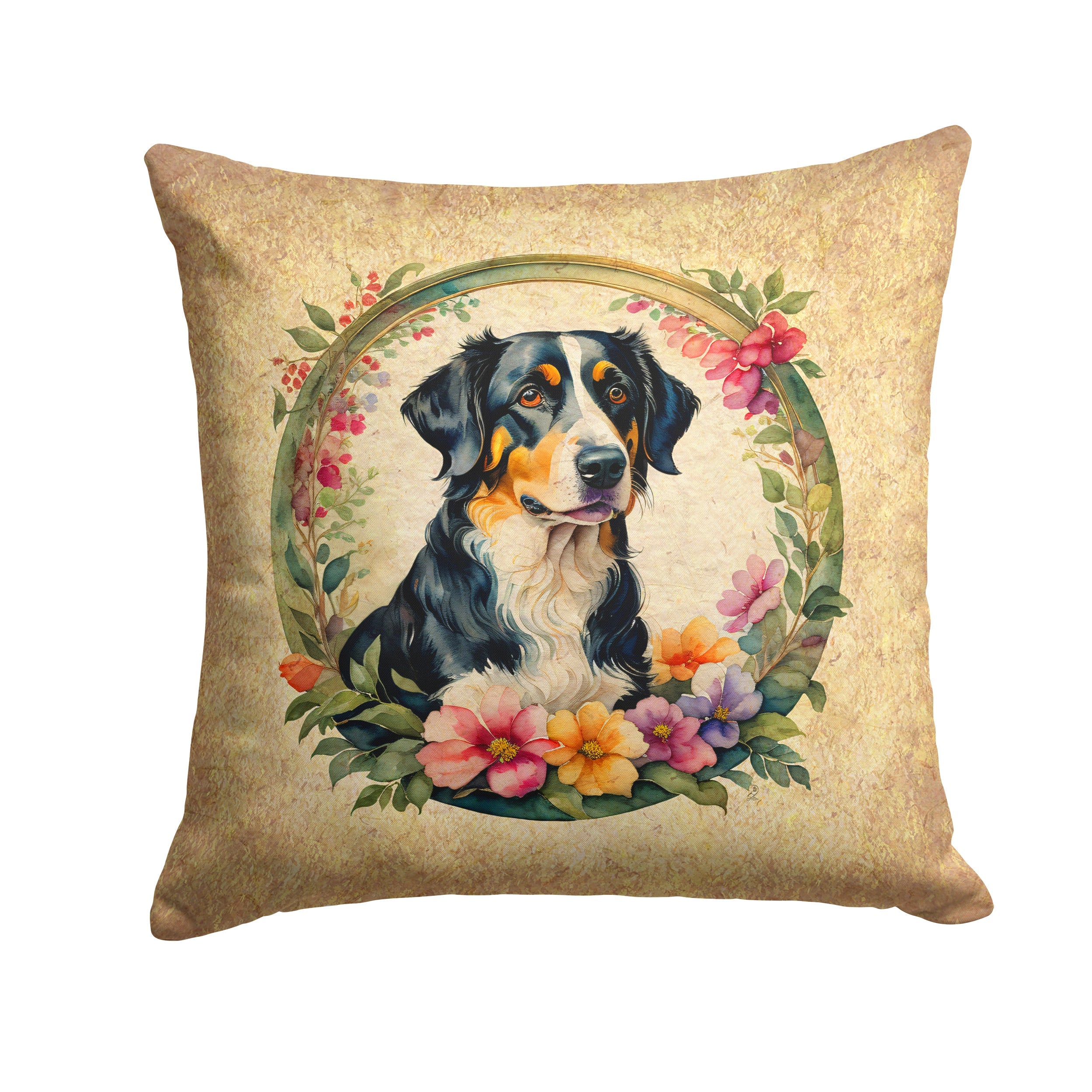 Appenzeller Sennenhund and Flowers Decorative Throw Pillow 14x14 Indoor Outdoor Accent Cushion, Fabric Cover with Insert for Sofa, Bed, Porch & Living Room