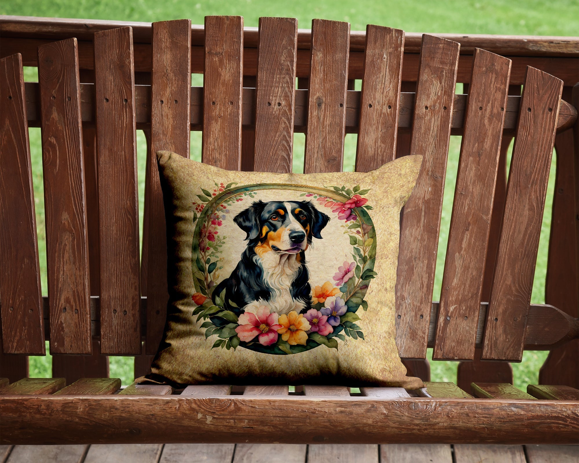 Appenzeller Sennenhund and Flowers Decorative Throw Pillow 14x14 Indoor Outdoor Accent Cushion, Fabric Cover with Insert for Sofa, Bed, Porch & Living Room