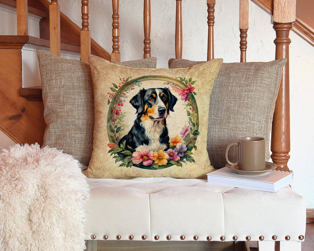 Appenzeller Sennenhund and Flowers Decorative Throw Pillow 14x14 Indoor Outdoor Accent Cushion, Fabric Cover with Insert for Sofa, Bed, Porch & Living Room