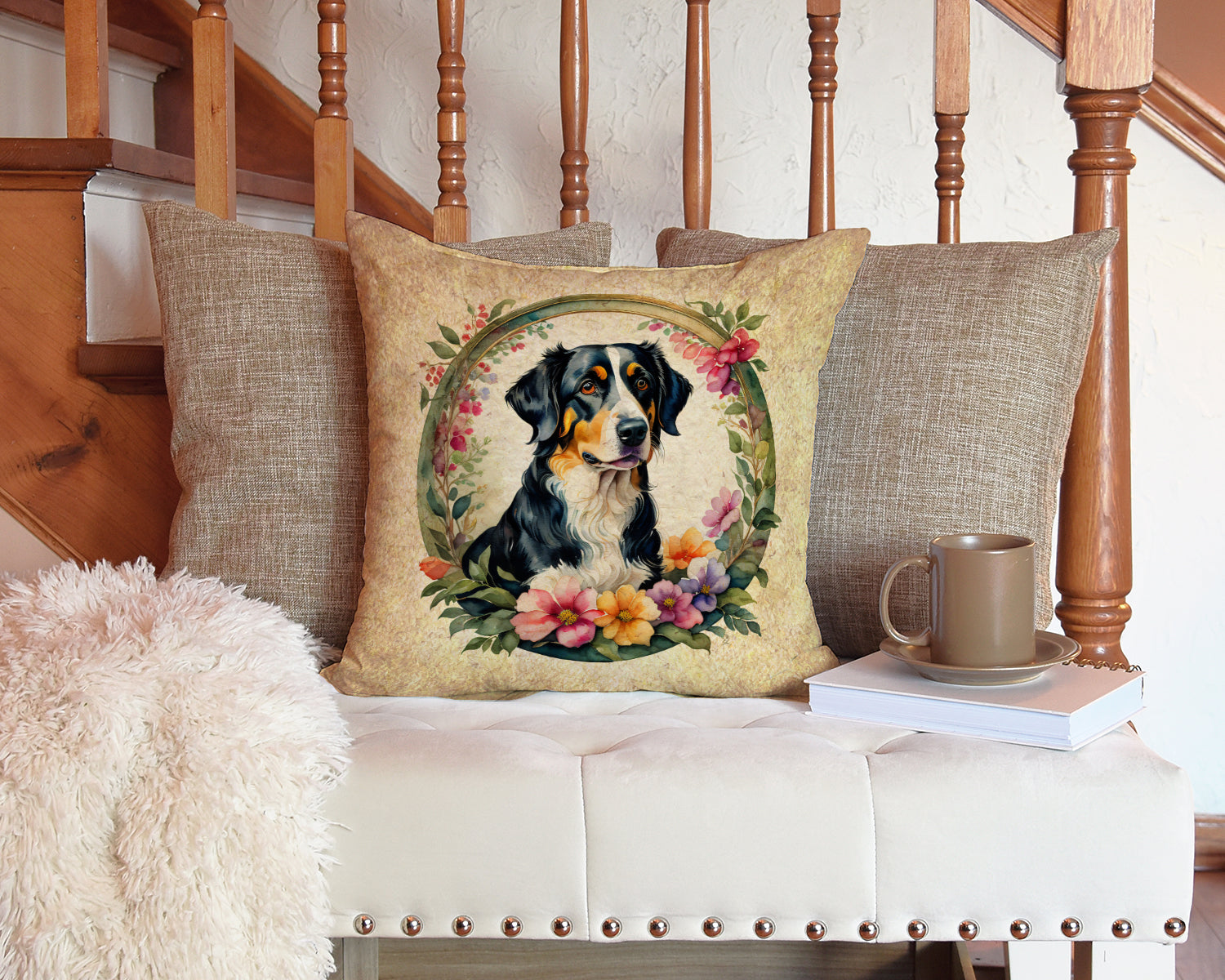 Appenzeller Sennenhund and Flowers Decorative Throw Pillow 14x14 Indoor Outdoor Accent Cushion, Fabric Cover with Insert for Sofa, Bed, Porch & Living Room