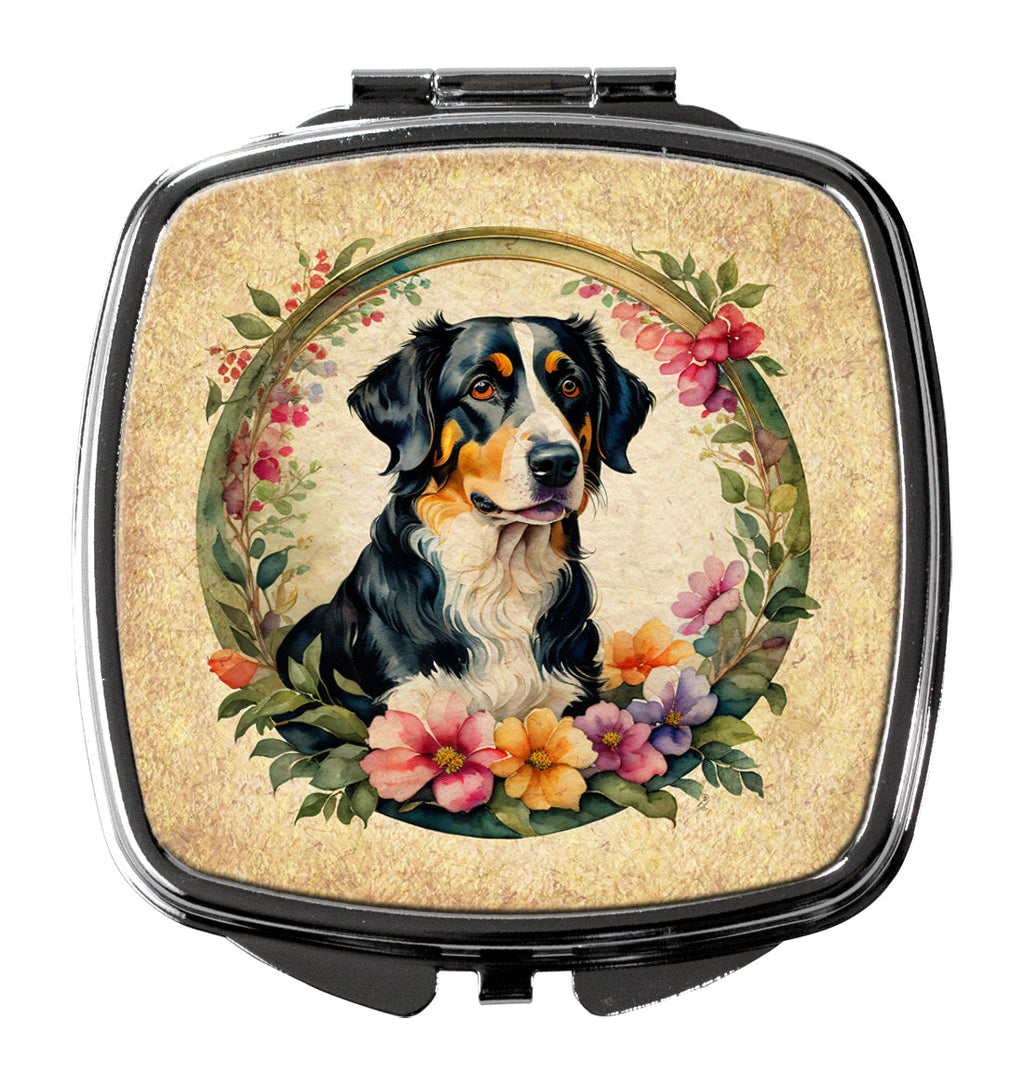 Appenzeller Sennenhund and Flowers Compact Mirror Decorative Travel Makeup Mirror for Women Girls Gifts Pocket Makeup Mirror Folding Handheld