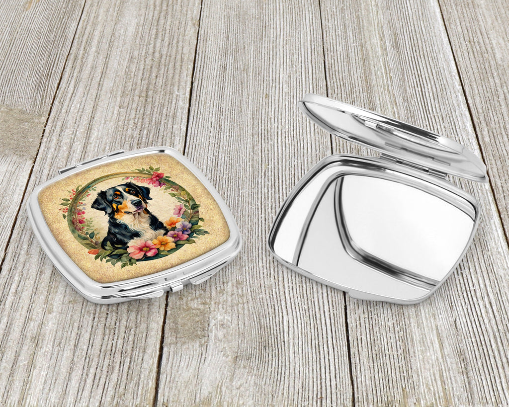 Appenzeller Sennenhund and Flowers Compact Mirror Decorative Travel Makeup Mirror for Women Girls Gifts Pocket Makeup Mirror Folding Handheld