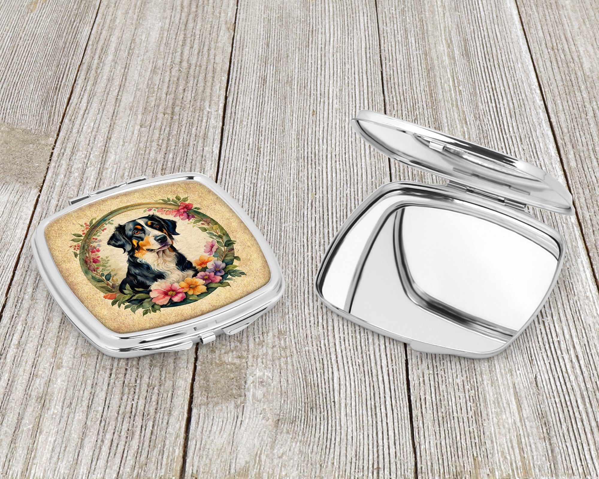 Appenzeller Sennenhund and Flowers Compact Mirror Decorative Travel Makeup Mirror for Women Girls Gifts Pocket Makeup Mirror Folding Handheld