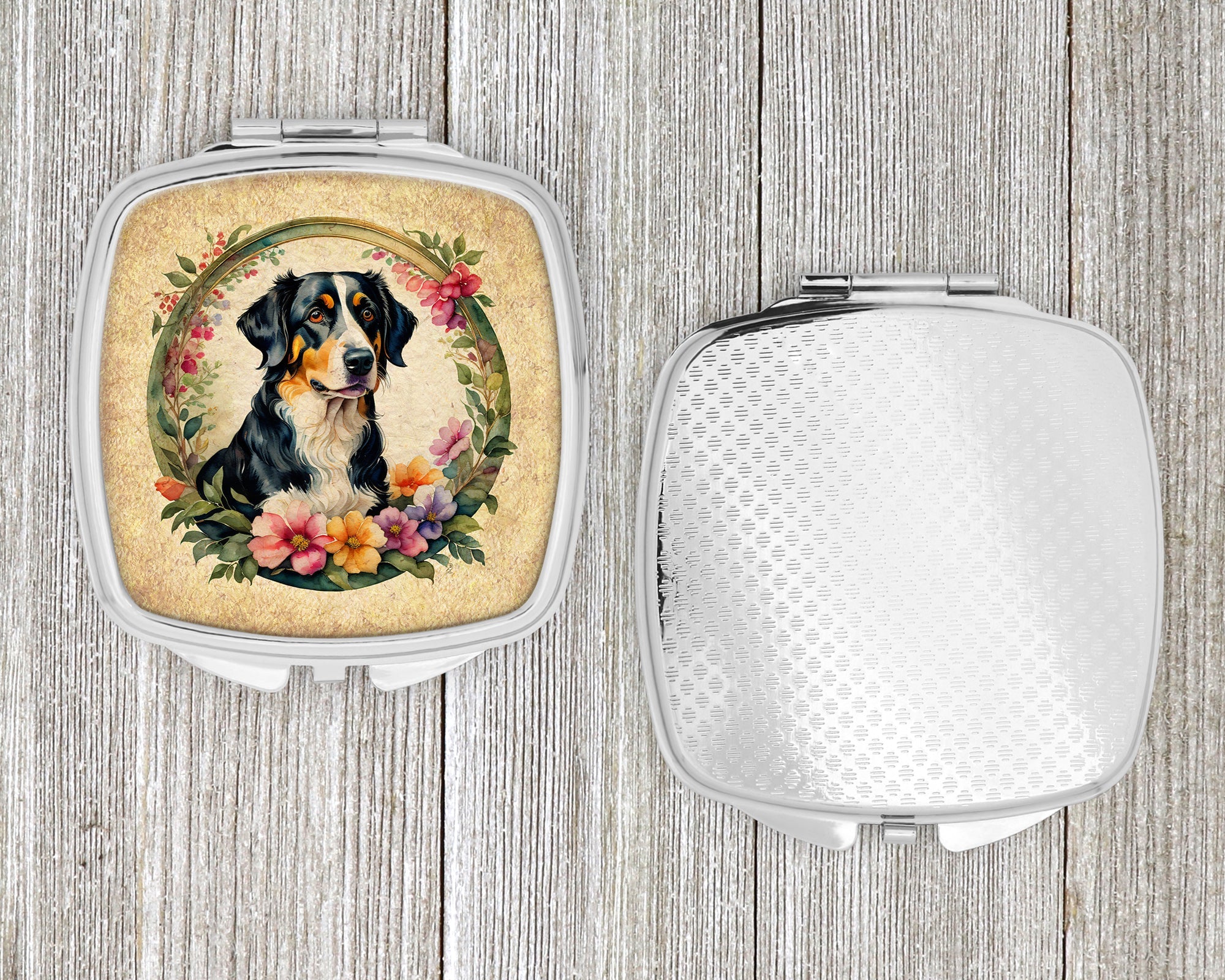 Appenzeller Sennenhund and Flowers Compact Mirror Decorative Travel Makeup Mirror for Women Girls Gifts Pocket Makeup Mirror Folding Handheld