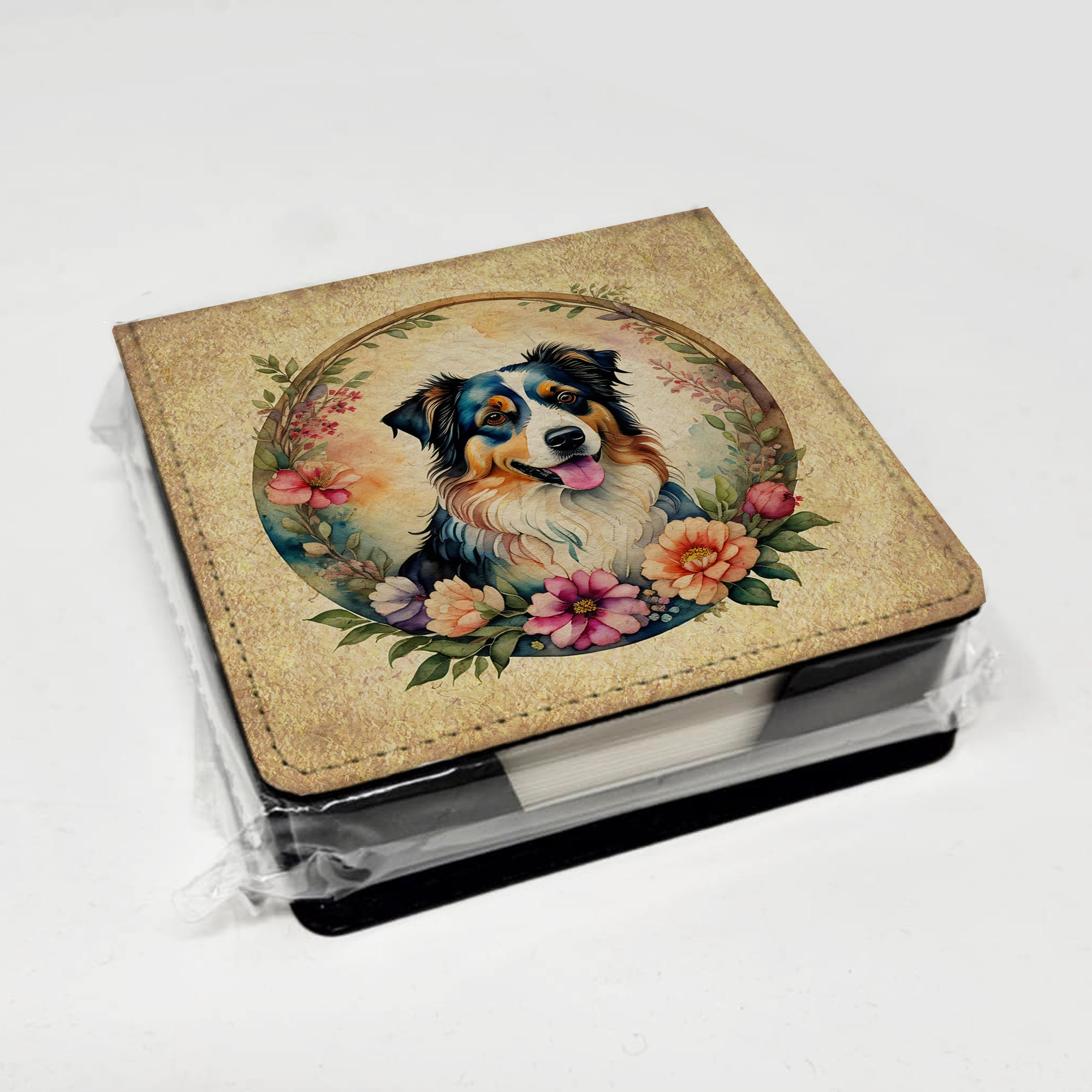 Australian Shepherd and Flowers PU Leather Note Paper Holder with Artist-Designed Cover, Desk Accessory, Office Gift