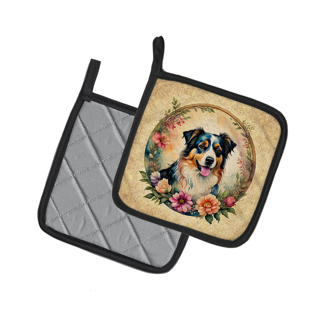 Australian Shepherd and Flowers Pot Holder Set of 2 Heat Resistant Quilted Hot Pads 7.5 x 7.5 Inch, Insulated Kitchen Trivets for Cooking & Baking