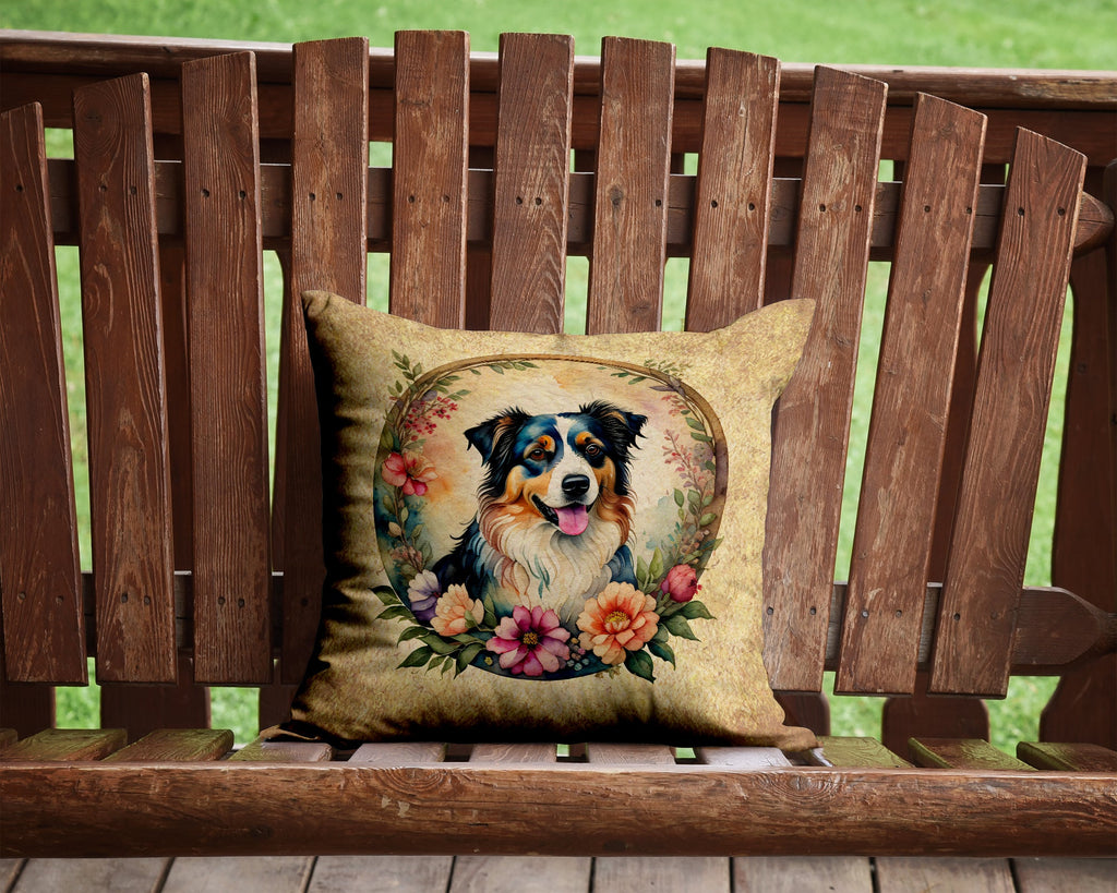 Australian Shepherd and Flowers Decorative Throw Pillow 14x14 Indoor Outdoor Accent Cushion, Fabric Cover with Insert for Sofa, Bed, Porch & Living Room