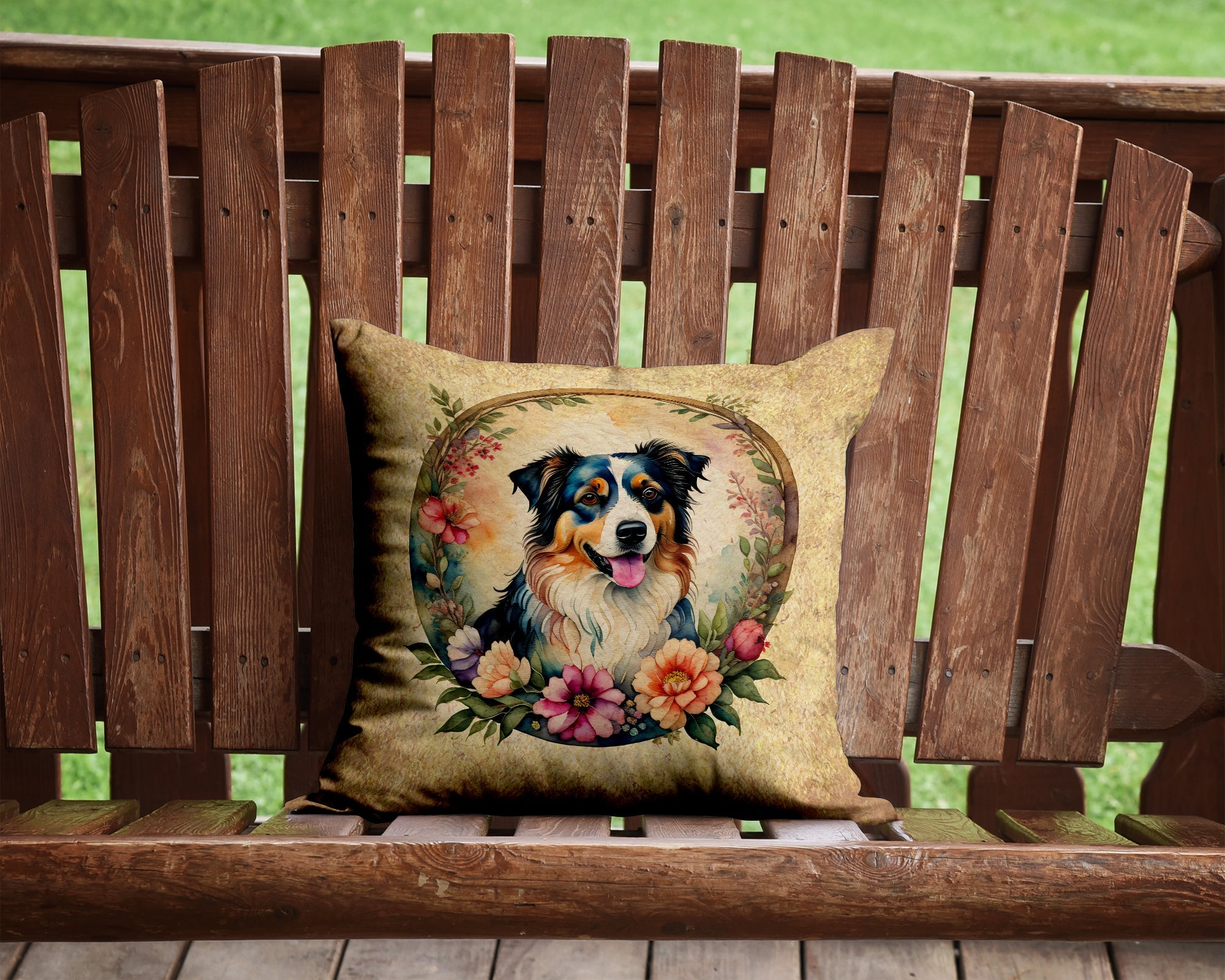 Australian Shepherd and Flowers Decorative Throw Pillow 14x14 Indoor Outdoor Accent Cushion, Fabric Cover with Insert for Sofa, Bed, Porch & Living Room