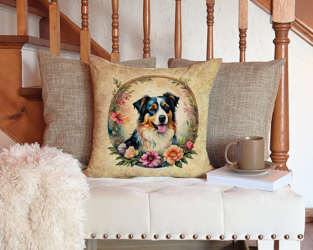 Australian Shepherd and Flowers Decorative Throw Pillow 14x14 Indoor Outdoor Accent Cushion, Fabric Cover with Insert for Sofa, Bed, Porch & Living Room