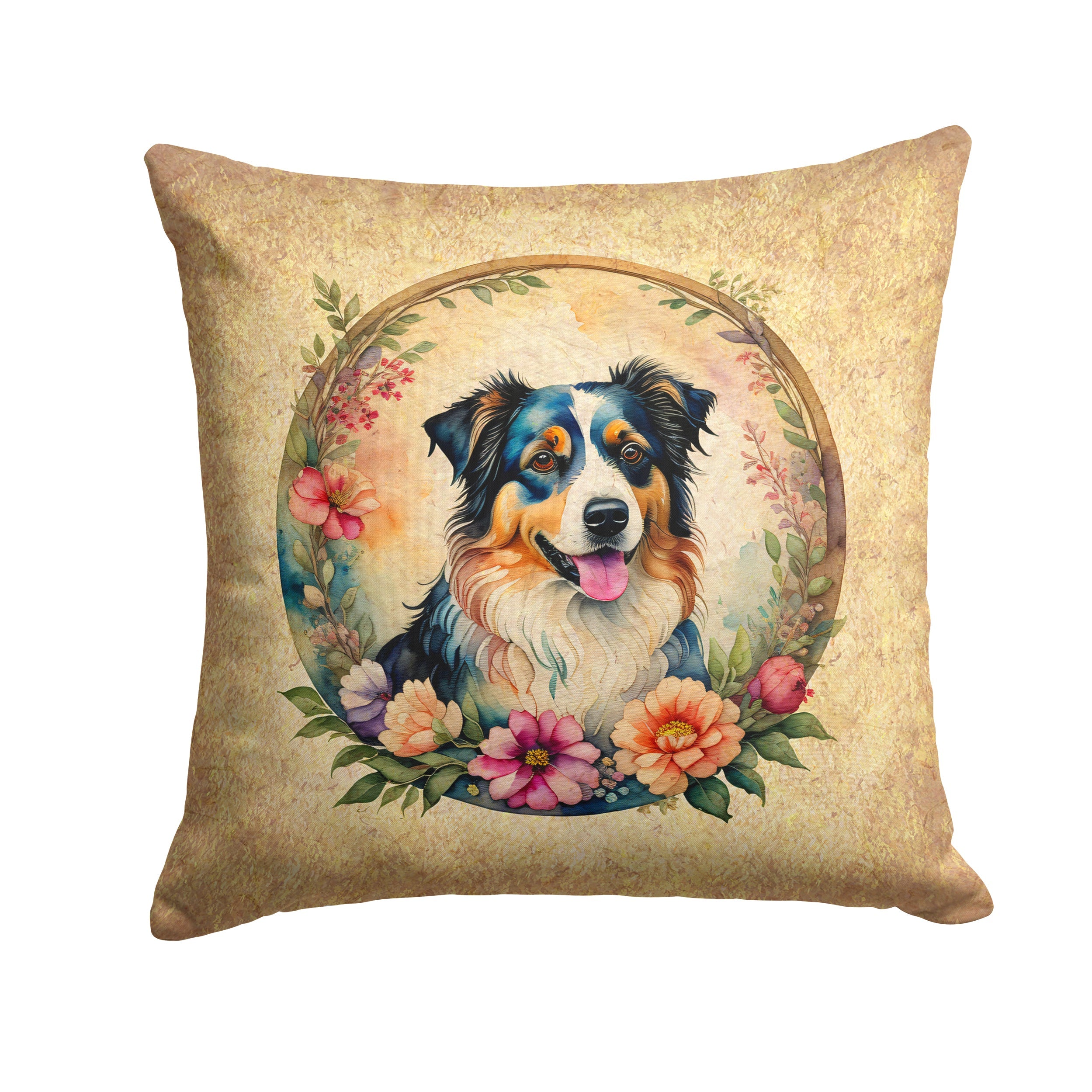 Australian Shepherd and Flowers Decorative Throw Pillow 18x18 Indoor Outdoor Accent Cushion, Fabric Cover with Insert for Sofa, Bed, Porch & Living Room