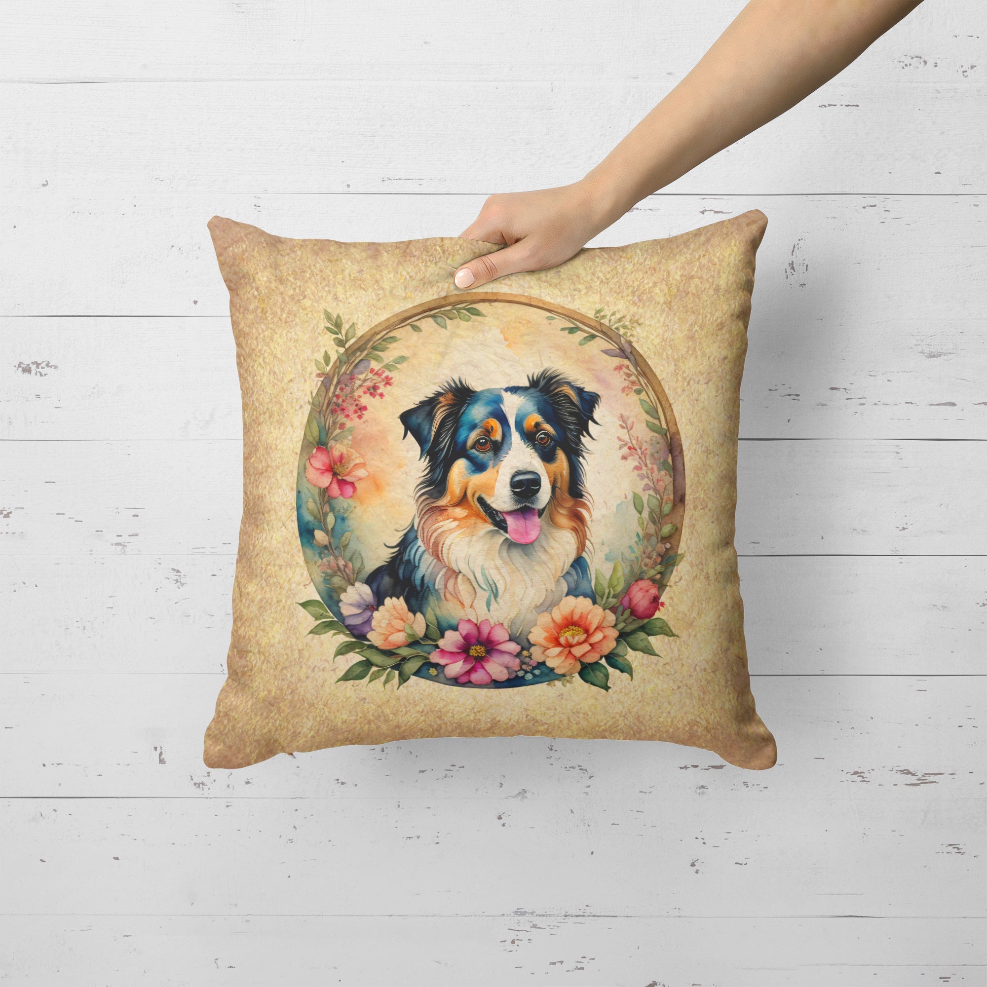 Australian Shepherd and Flowers Decorative Throw Pillow 18x18 Indoor Outdoor Accent Cushion, Fabric Cover with Insert for Sofa, Bed, Porch & Living Room