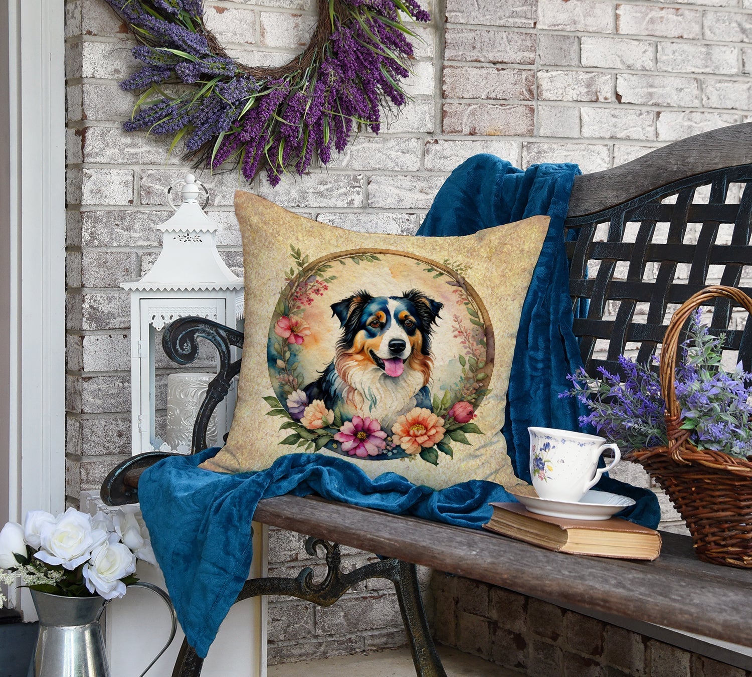 Australian Shepherd and Flowers Decorative Throw Pillow 18x18 Indoor Outdoor Accent Cushion, Fabric Cover with Insert for Sofa, Bed, Porch & Living Room