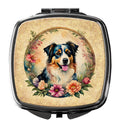 Australian Shepherd and Flowers Compact Mirror Decorative Travel Makeup Mirror for Women Girls Gifts Pocket Makeup Mirror Folding Handheld