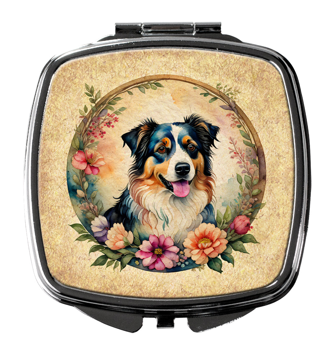 Australian Shepherd and Flowers Compact Mirror Decorative Travel Makeup Mirror for Women Girls Gifts Pocket Makeup Mirror Folding Handheld