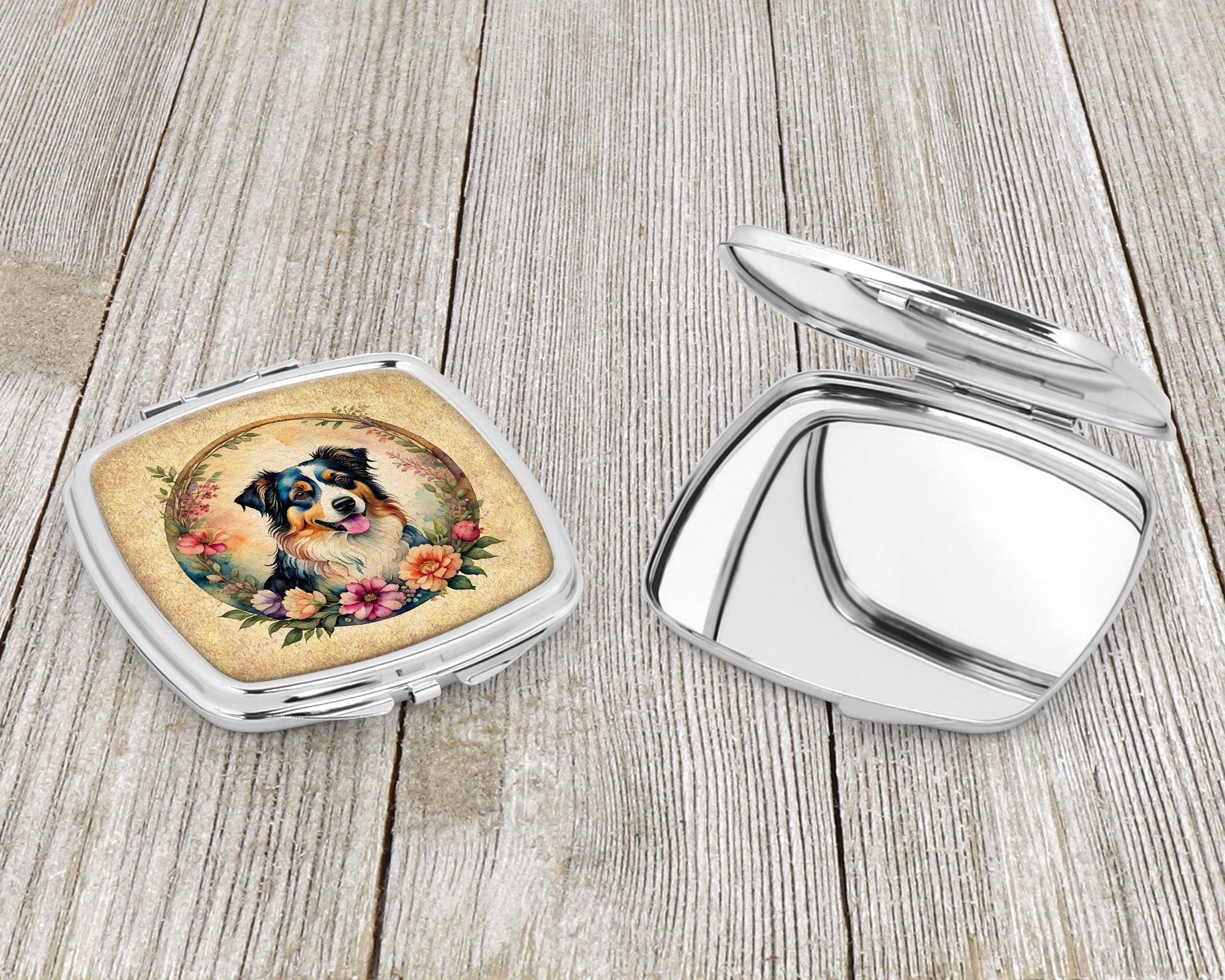 Australian Shepherd and Flowers Compact Mirror Decorative Travel Makeup Mirror for Women Girls Gifts Pocket Makeup Mirror Folding Handheld