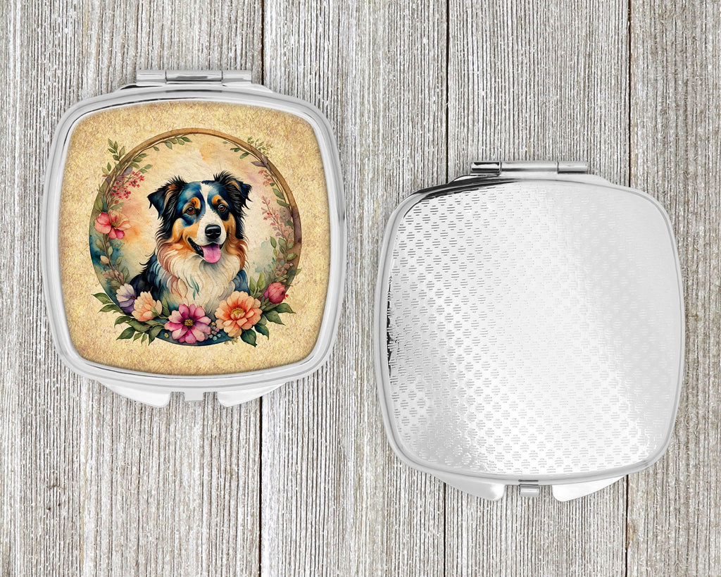 Australian Shepherd and Flowers Compact Mirror Decorative Travel Makeup Mirror for Women Girls Gifts Pocket Makeup Mirror Folding Handheld