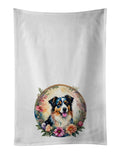 Australian Shepherd and Flowers Kitchen Towel Set of 2 White Dish Towels Decorative Bathroom Hand towel for Hand, Face, Hair, Yoga, Tea, Dishcloth, 19 X 28", White