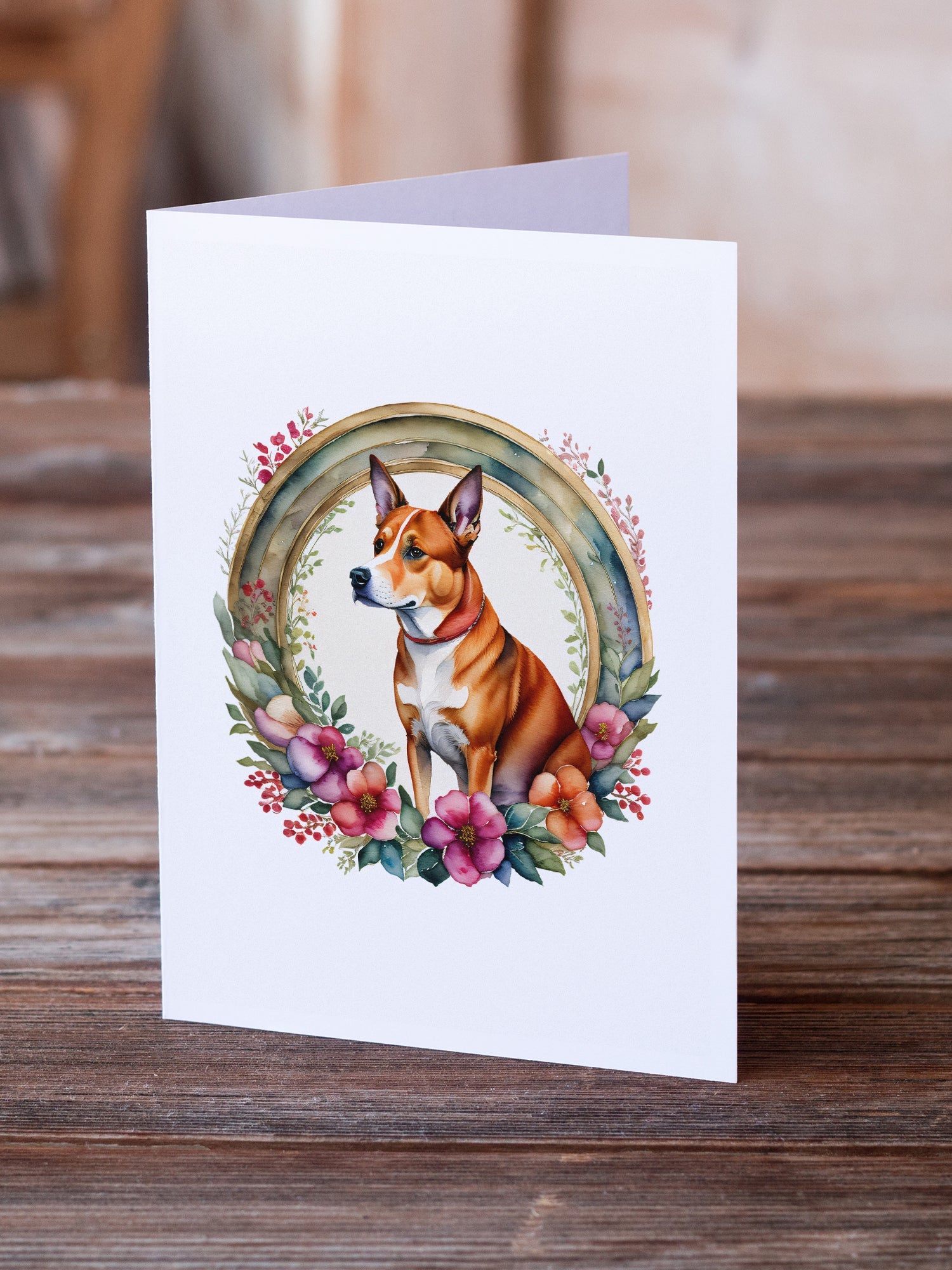 Basenji and Flowers Greeting Cards Pack of 8 Blank Cards with Envelopes Whimsical A7 Size 5x7