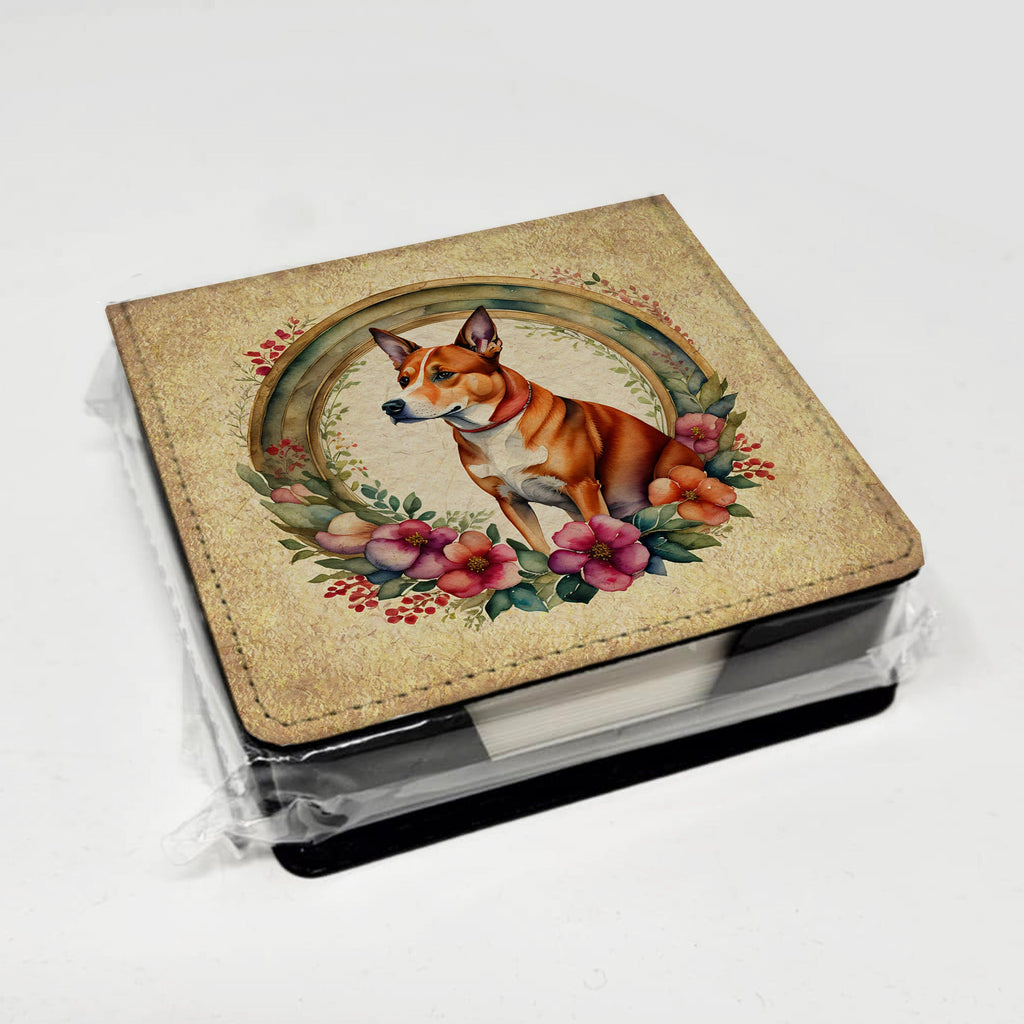 Basenji and Flowers PU Leather Note Paper Holder with Artist-Designed Cover, Desk Accessory, Office Gift